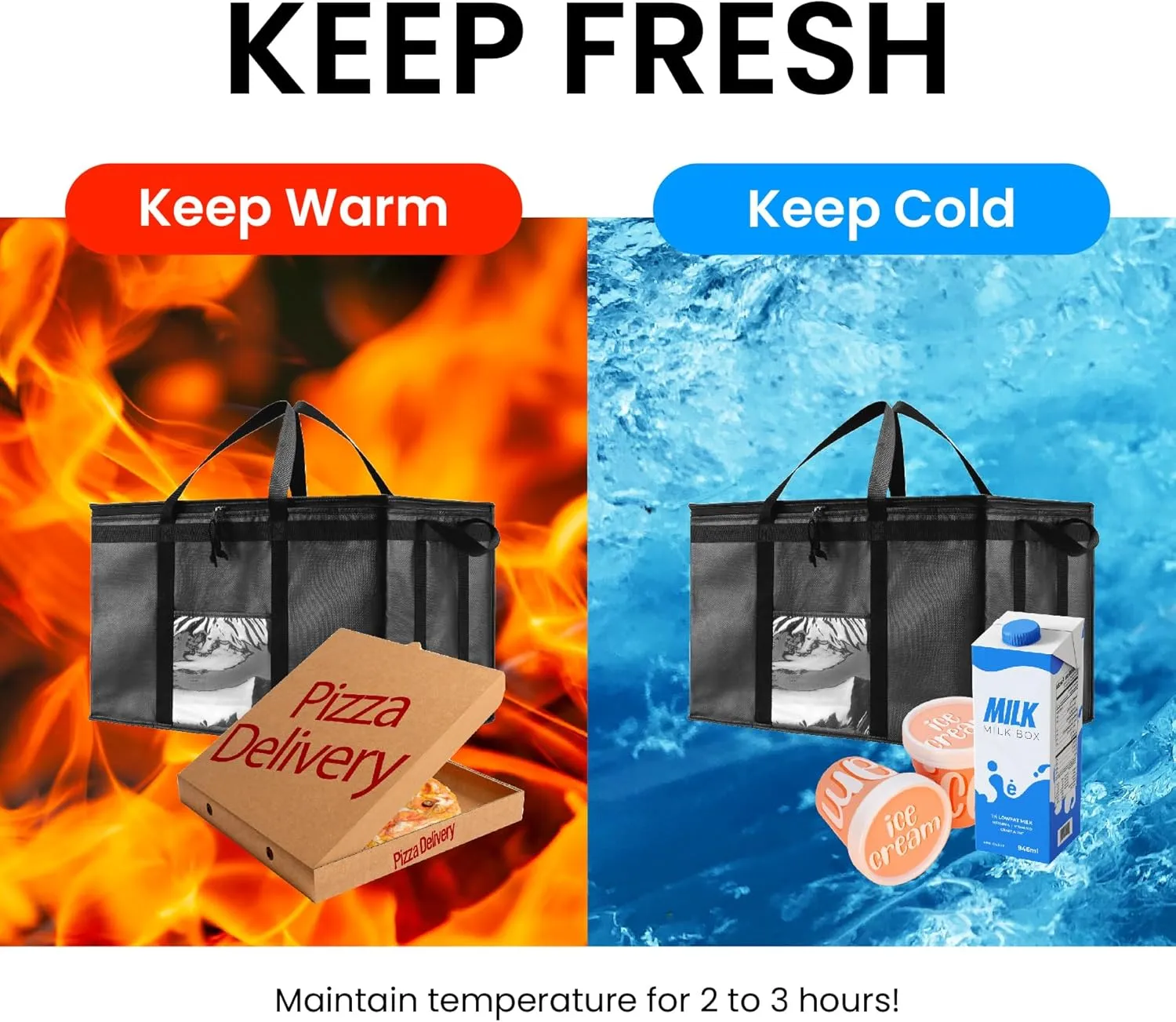 3XL Insulated Cooler Bag and Food Warmer for Delivery & Grocery Shopping with Zippered Top, Black (1 Pack)