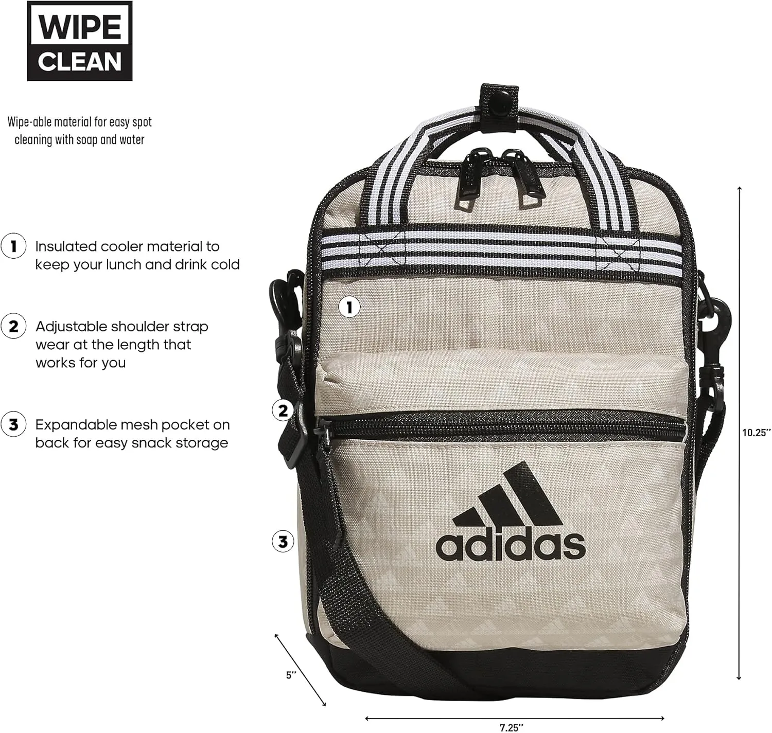 adidas Squad (7L) Food Container Carry Box Insulated Lunch Bag, BOS Mini Monogram Wonder Beige/Black, One Size