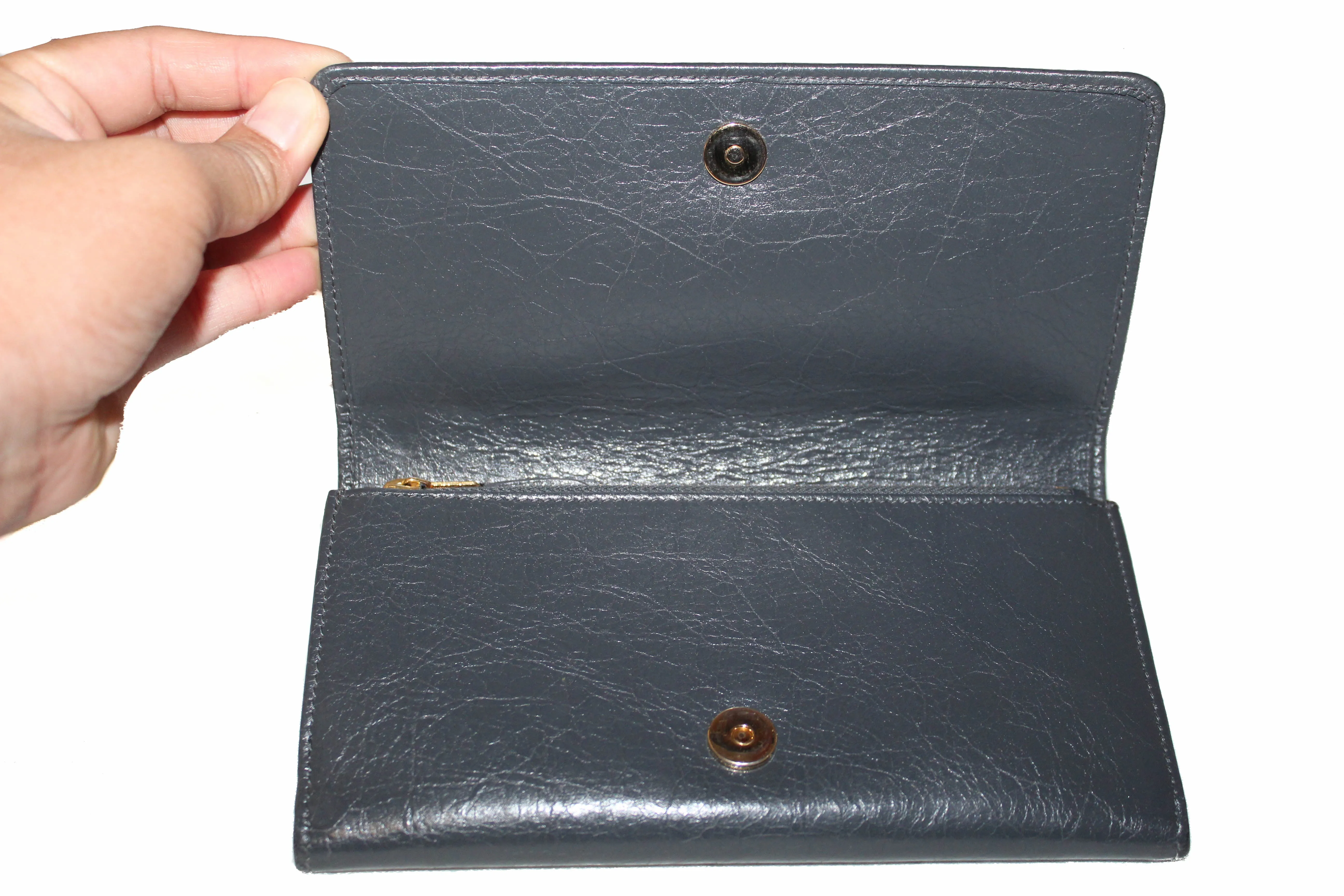 Authentic Balenciaga Grey Giant 12 Gold City Lambskin Leather Flap Wallet