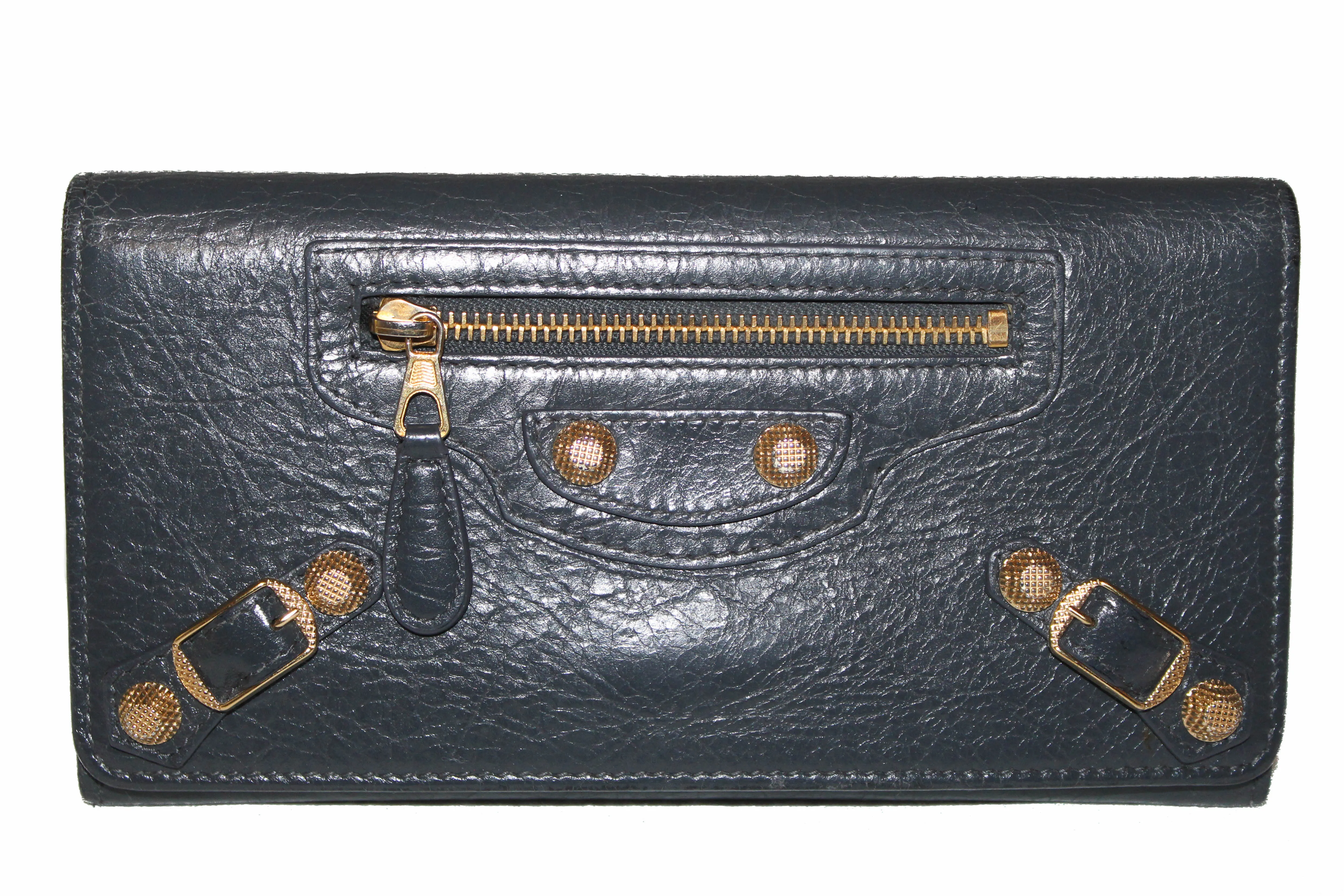 Authentic Balenciaga Grey Giant 12 Gold City Lambskin Leather Flap Wallet