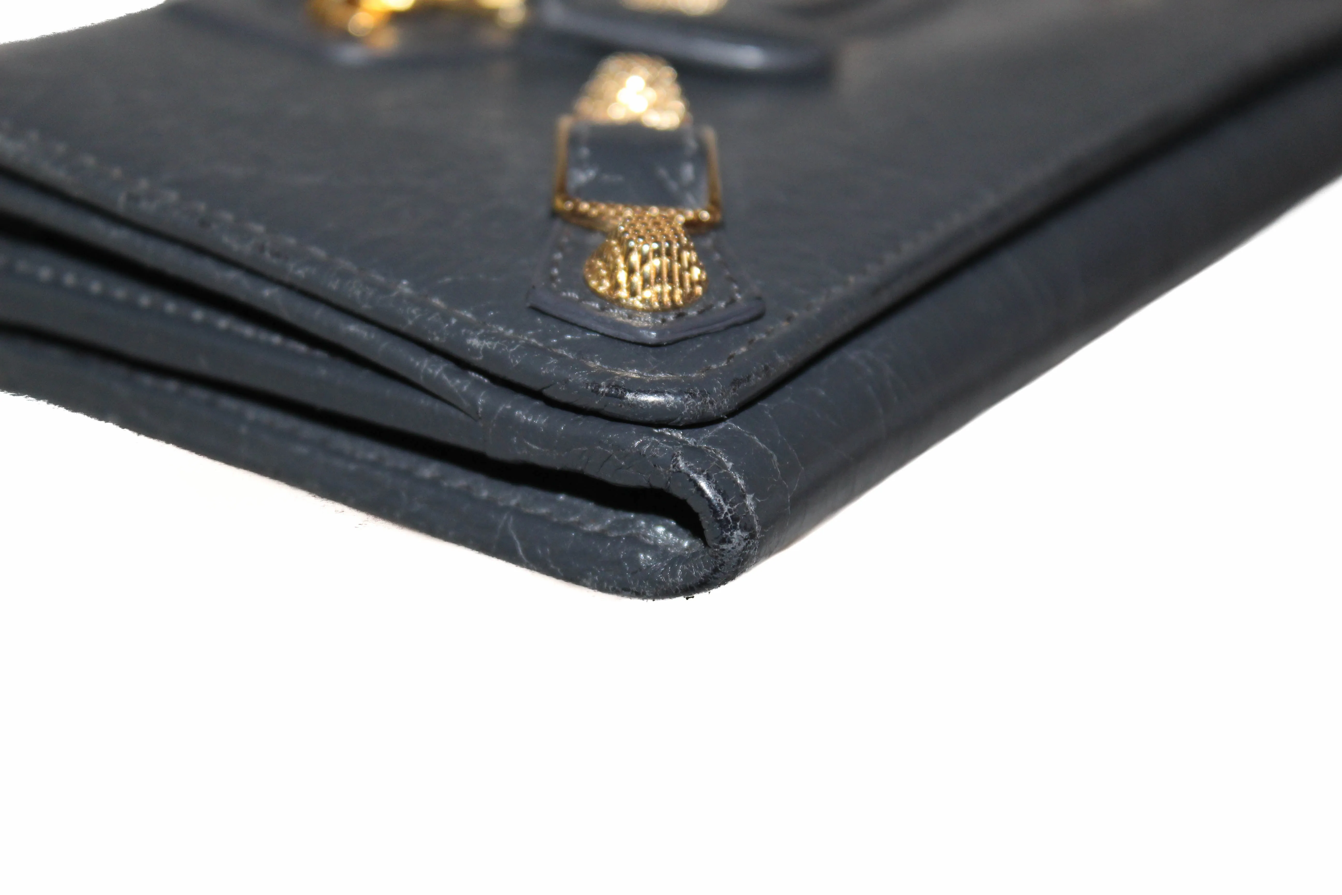Authentic Balenciaga Grey Giant 12 Gold City Lambskin Leather Flap Wallet