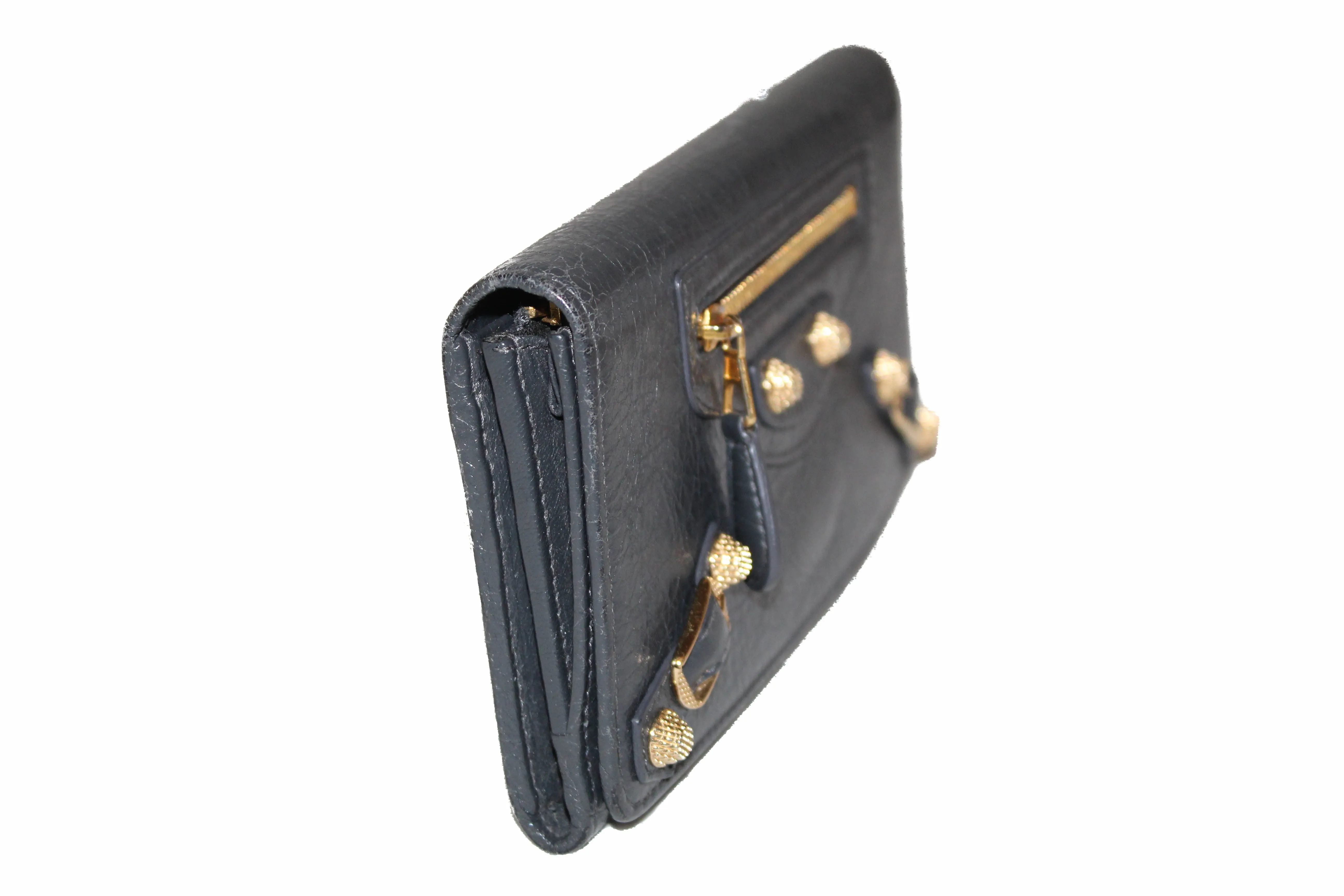 Authentic Balenciaga Grey Giant 12 Gold City Lambskin Leather Flap Wallet
