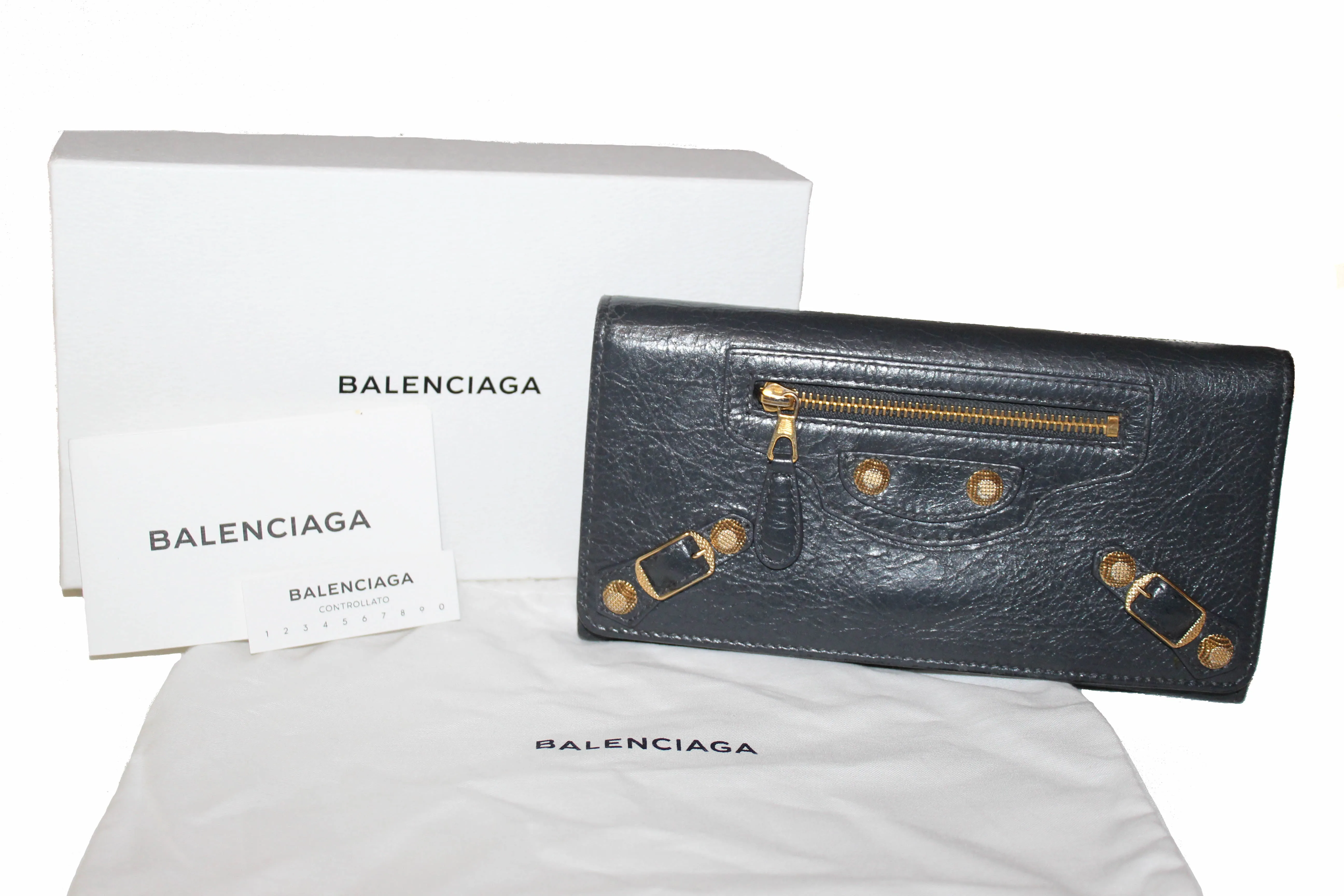 Authentic Balenciaga Grey Giant 12 Gold City Lambskin Leather Flap Wallet