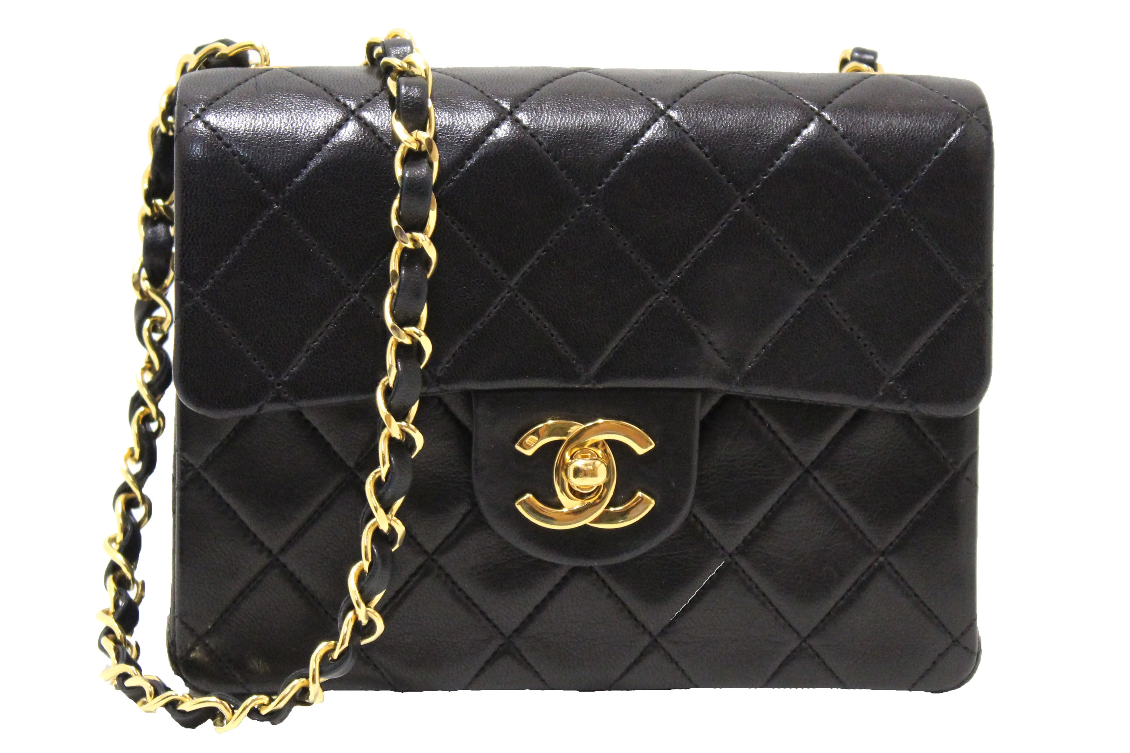 Authentic Chanel Vintage Black Quilted Lambskin Leather Classic Mini Square Flap Bag