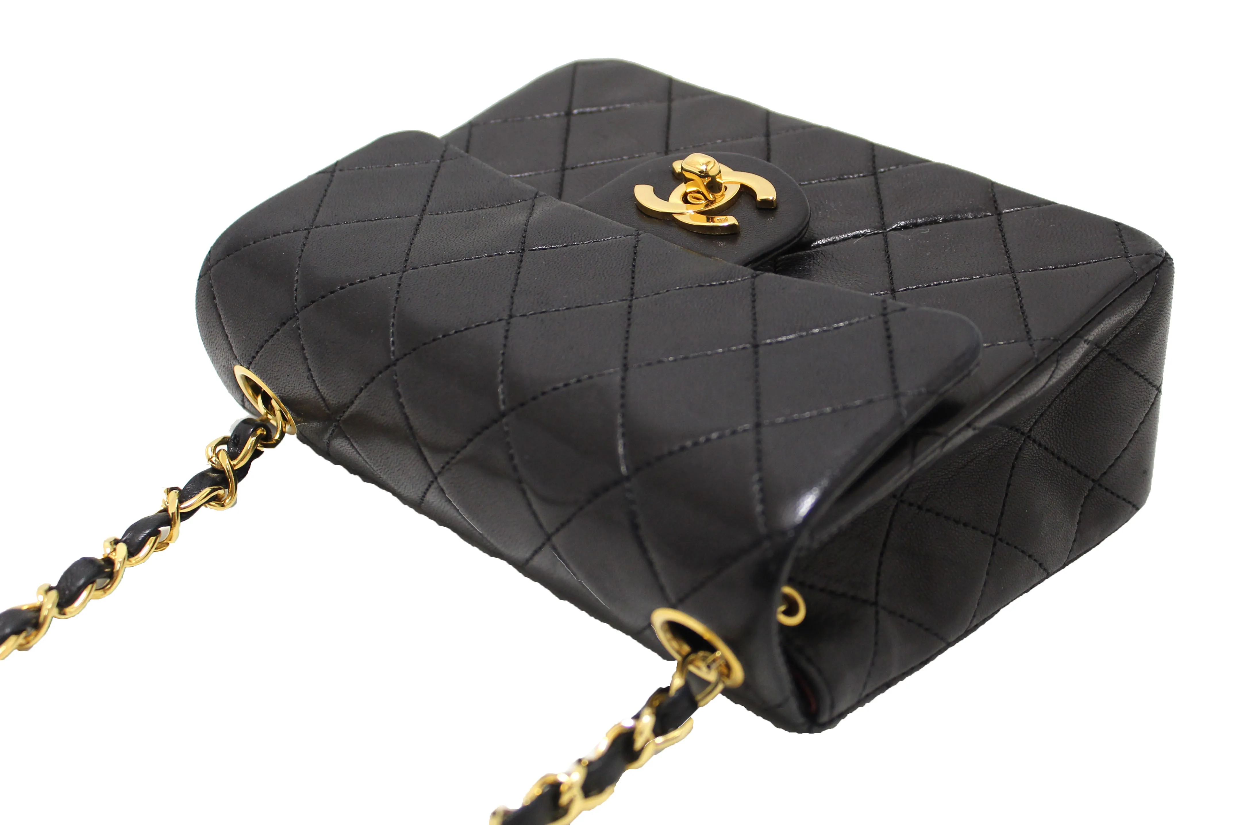 Authentic Chanel Vintage Black Quilted Lambskin Leather Classic Mini Square Flap Bag