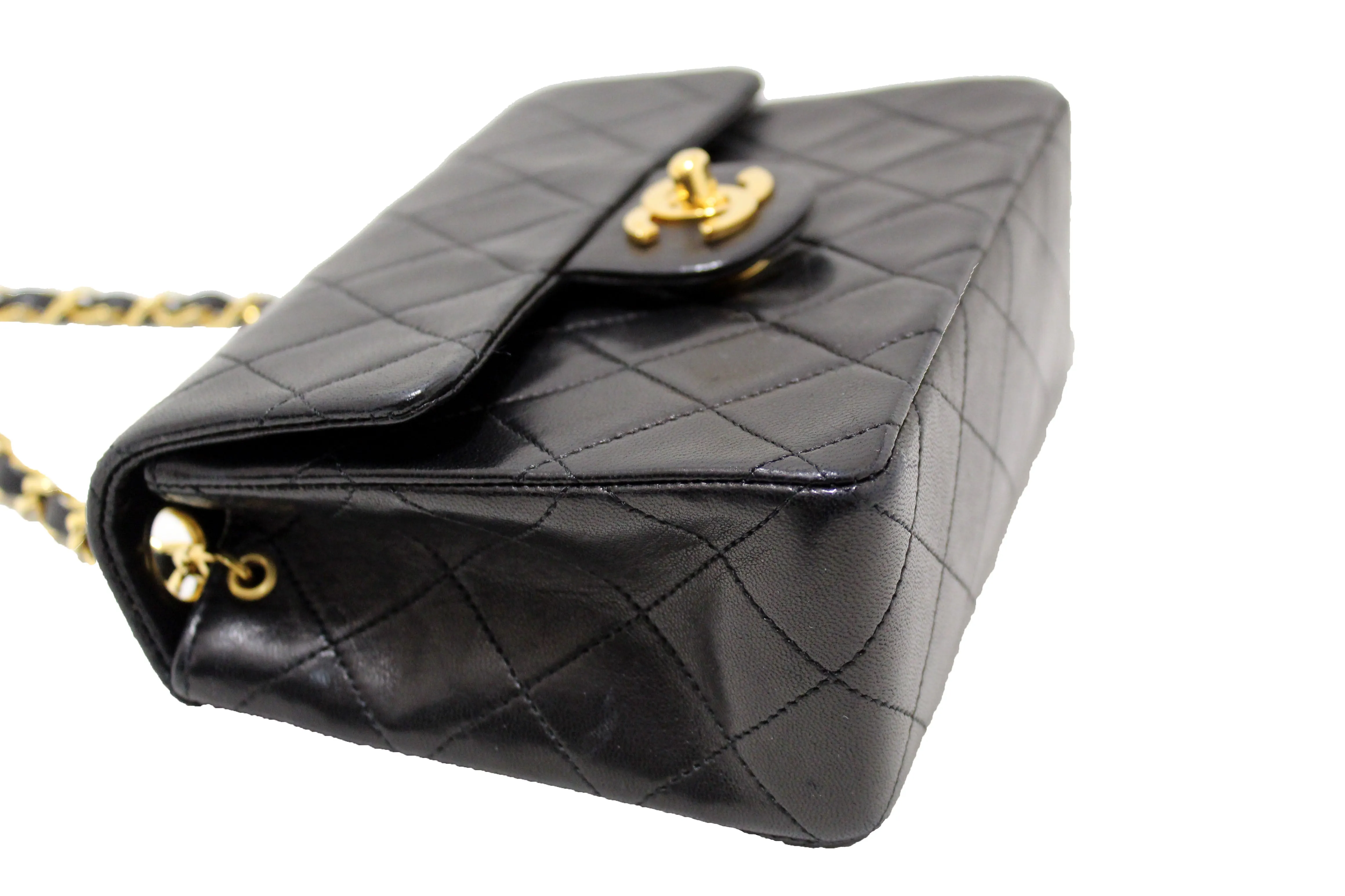 Authentic Chanel Vintage Black Quilted Lambskin Leather Classic Mini Square Flap Bag