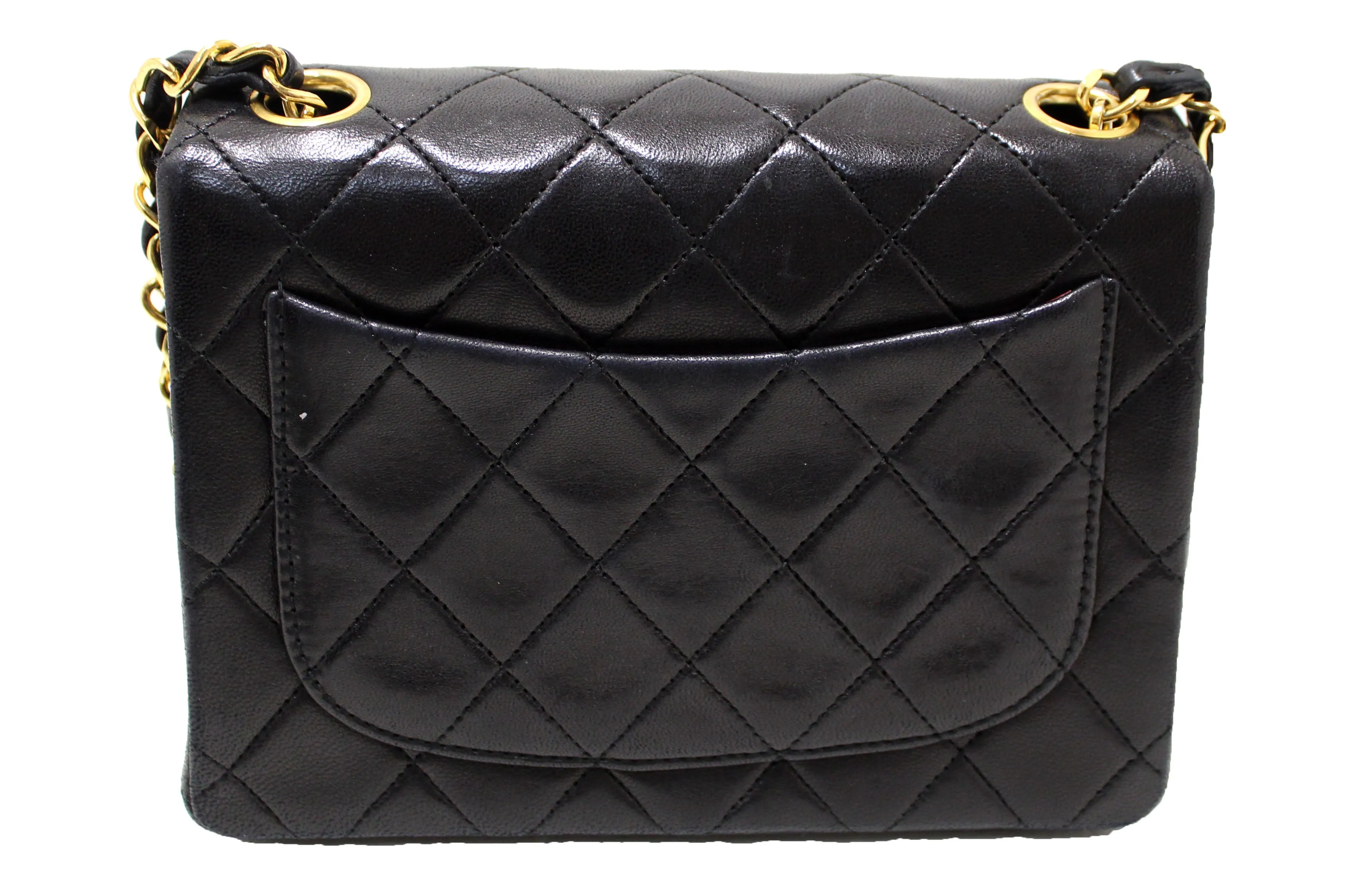 Authentic Chanel Vintage Black Quilted Lambskin Leather Classic Mini Square Flap Bag