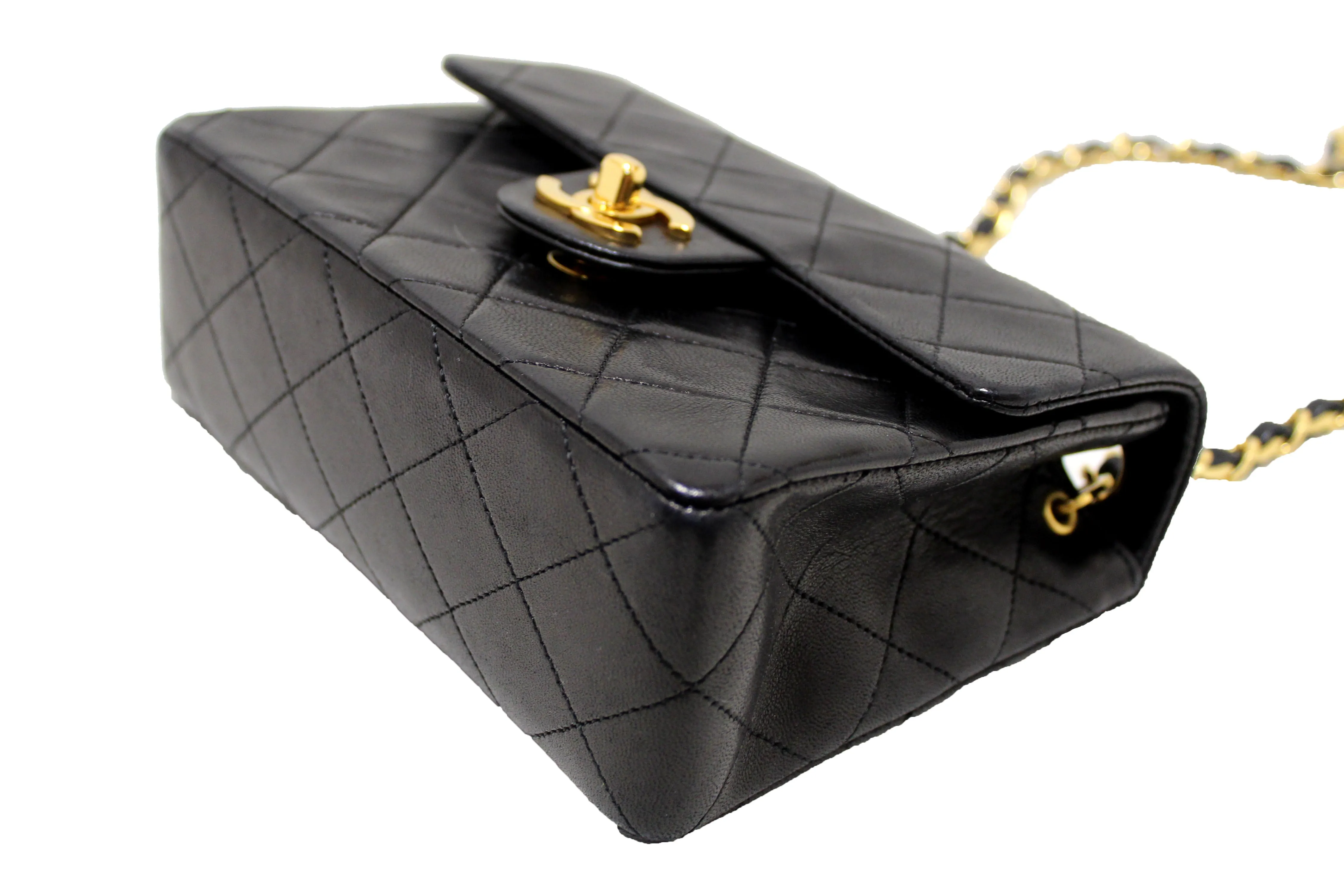 Authentic Chanel Vintage Black Quilted Lambskin Leather Classic Mini Square Flap Bag