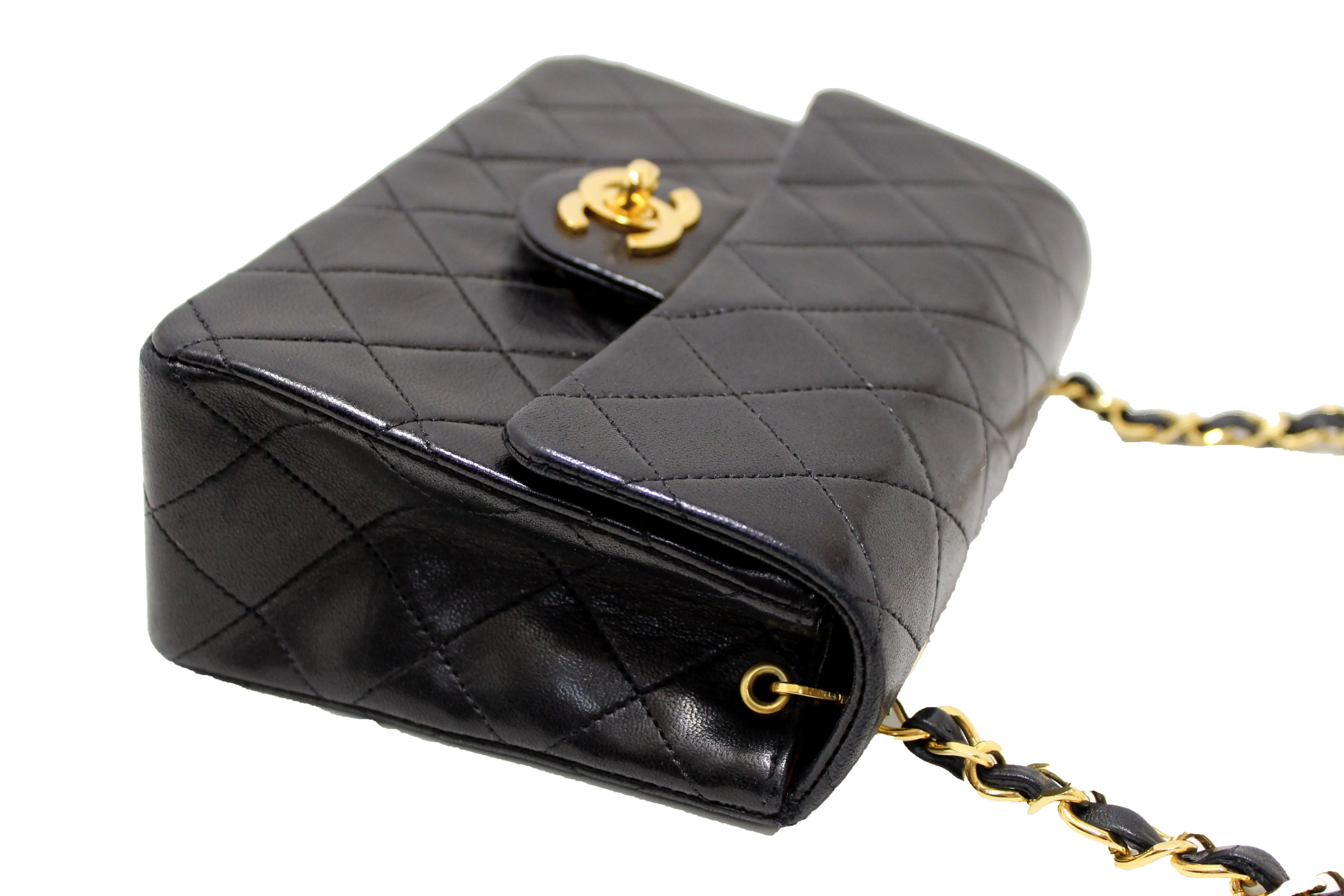 Authentic Chanel Vintage Black Quilted Lambskin Leather Classic Mini Square Flap Bag