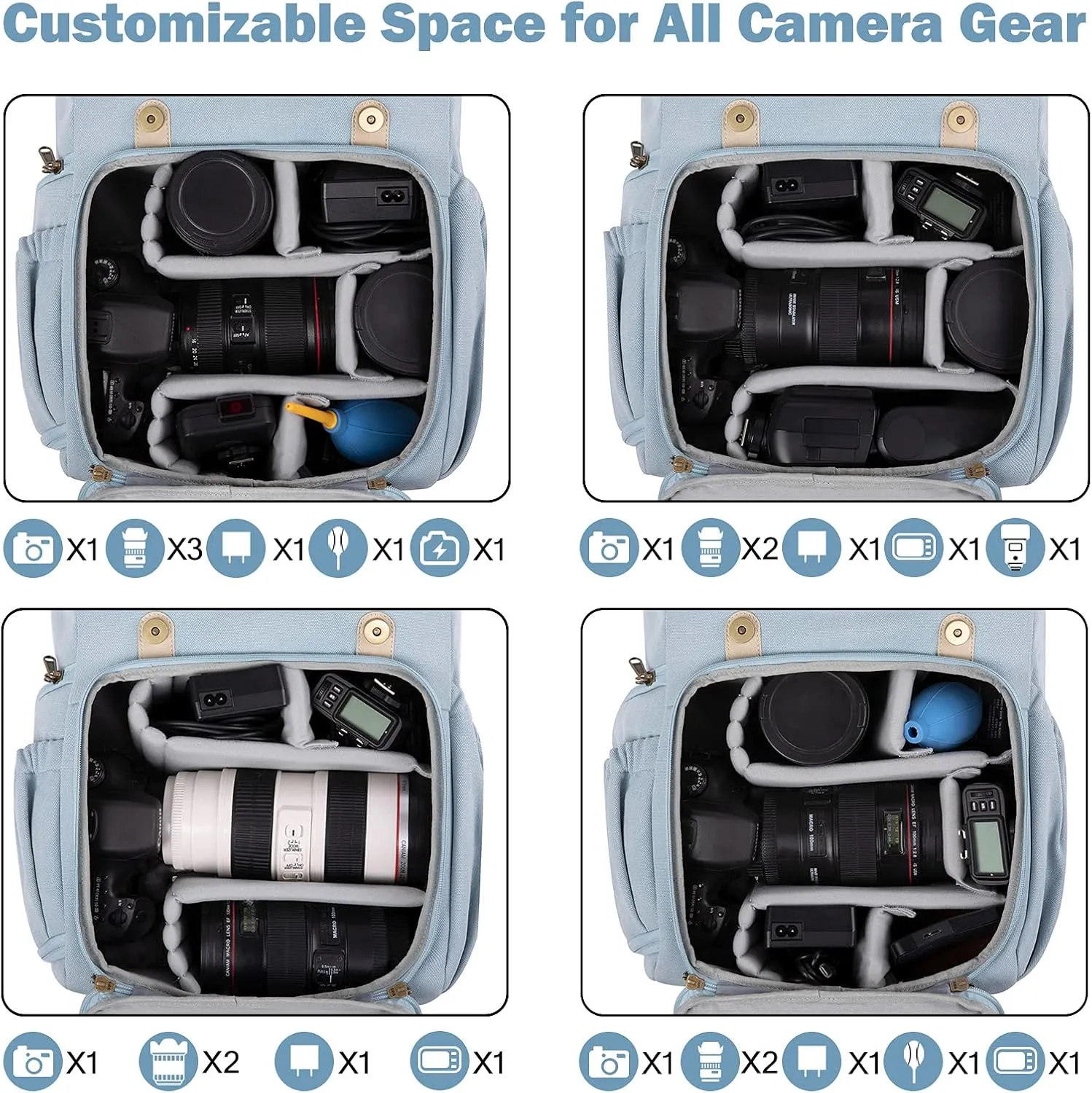 BAGSMART Camera Backpack, DSLR Camera Bag, Waterproof Camera Bag Backpack for Photographers, Fit up to 15" Laptop with Rain Cover and Tripod Holder, Light Blue
