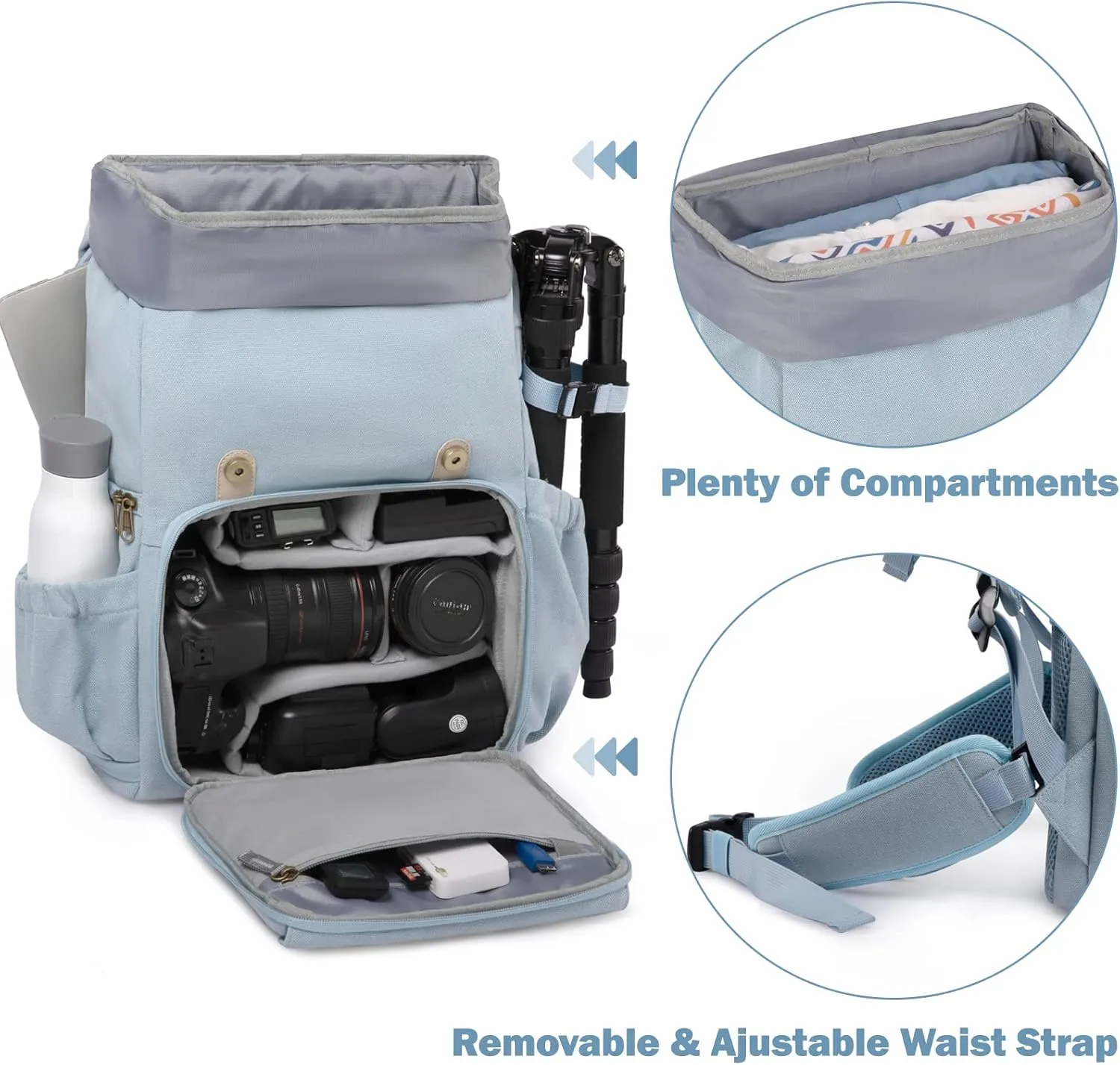 BAGSMART Camera Backpack, DSLR Camera Bag, Waterproof Camera Bag Backpack for Photographers, Fit up to 15" Laptop with Rain Cover and Tripod Holder, Light Blue