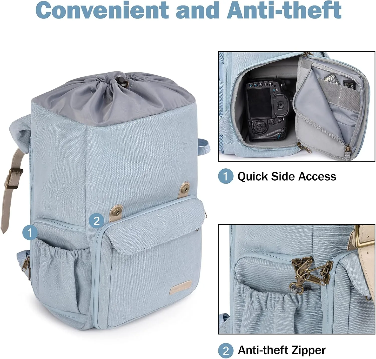 BAGSMART Camera Backpack, DSLR Camera Bag, Waterproof Camera Bag Backpack for Photographers, Fit up to 15" Laptop with Rain Cover and Tripod Holder, Light Blue