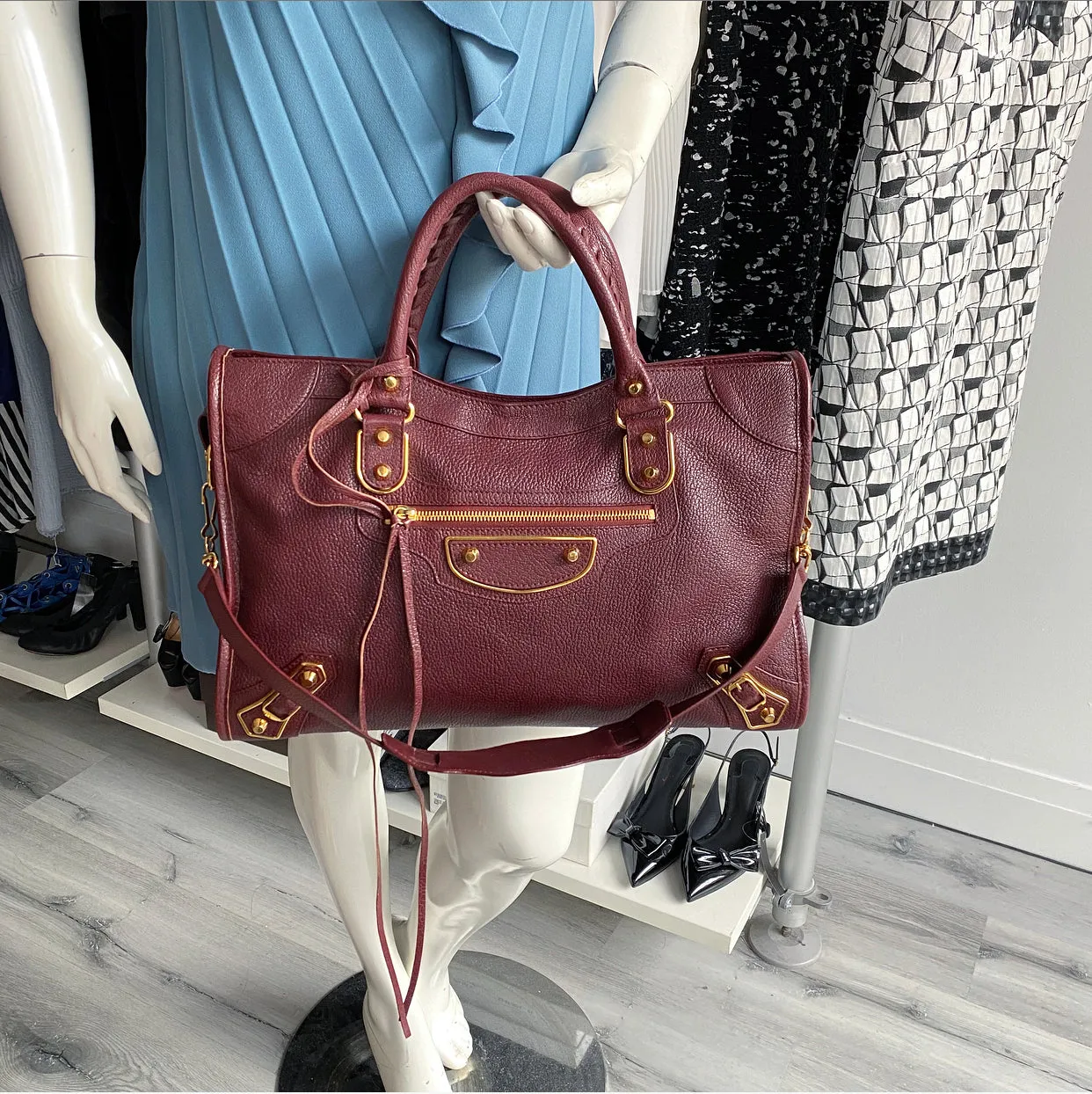 Balenciaga Burgundy Metallic Edge City Medium Bag