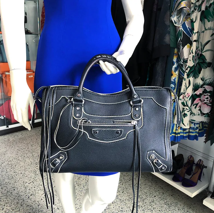 Balenciaga Matte Black Leather Motocross City Bag