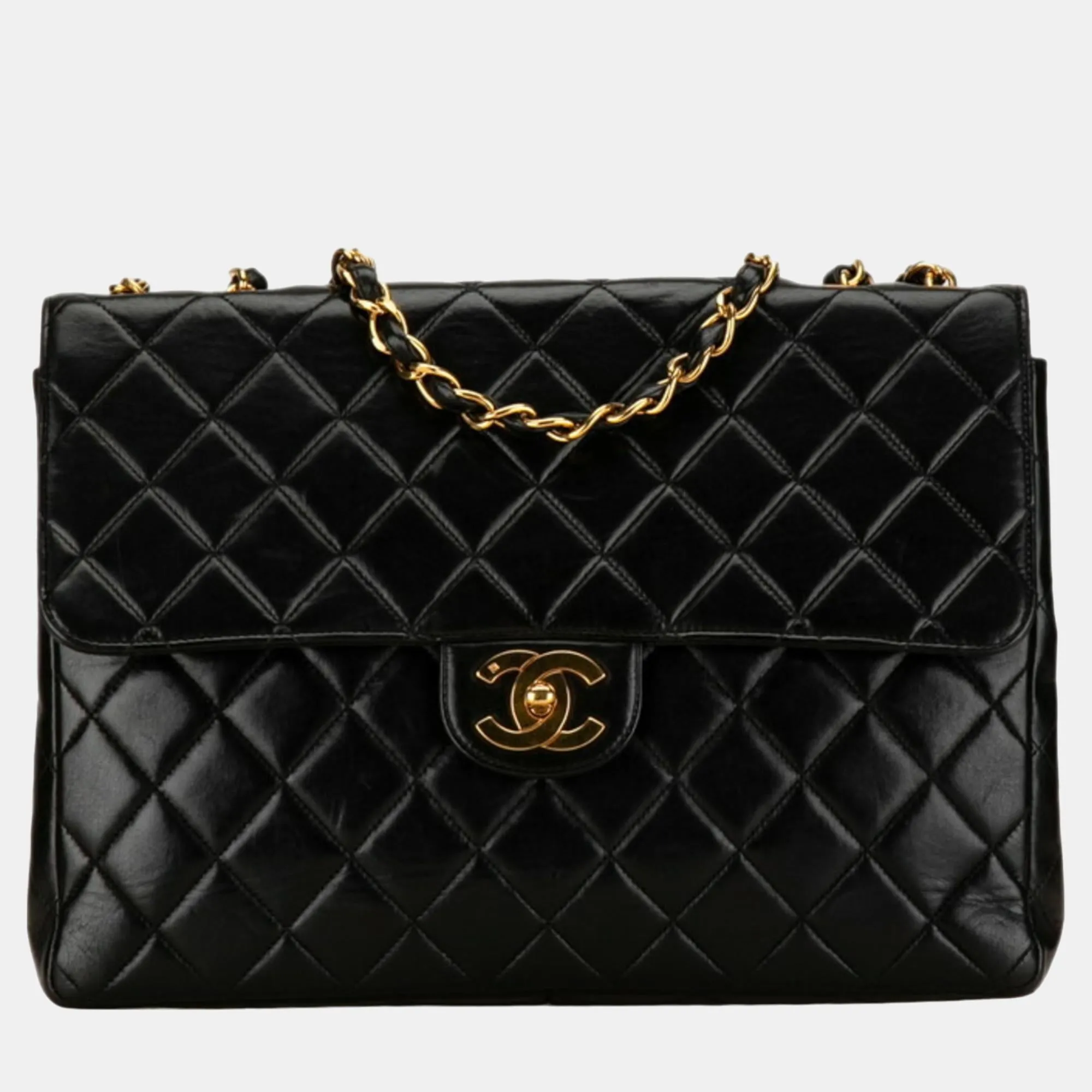 Black Lambskin Leather Jumbo Classic Single Flap Shoulder Bag
