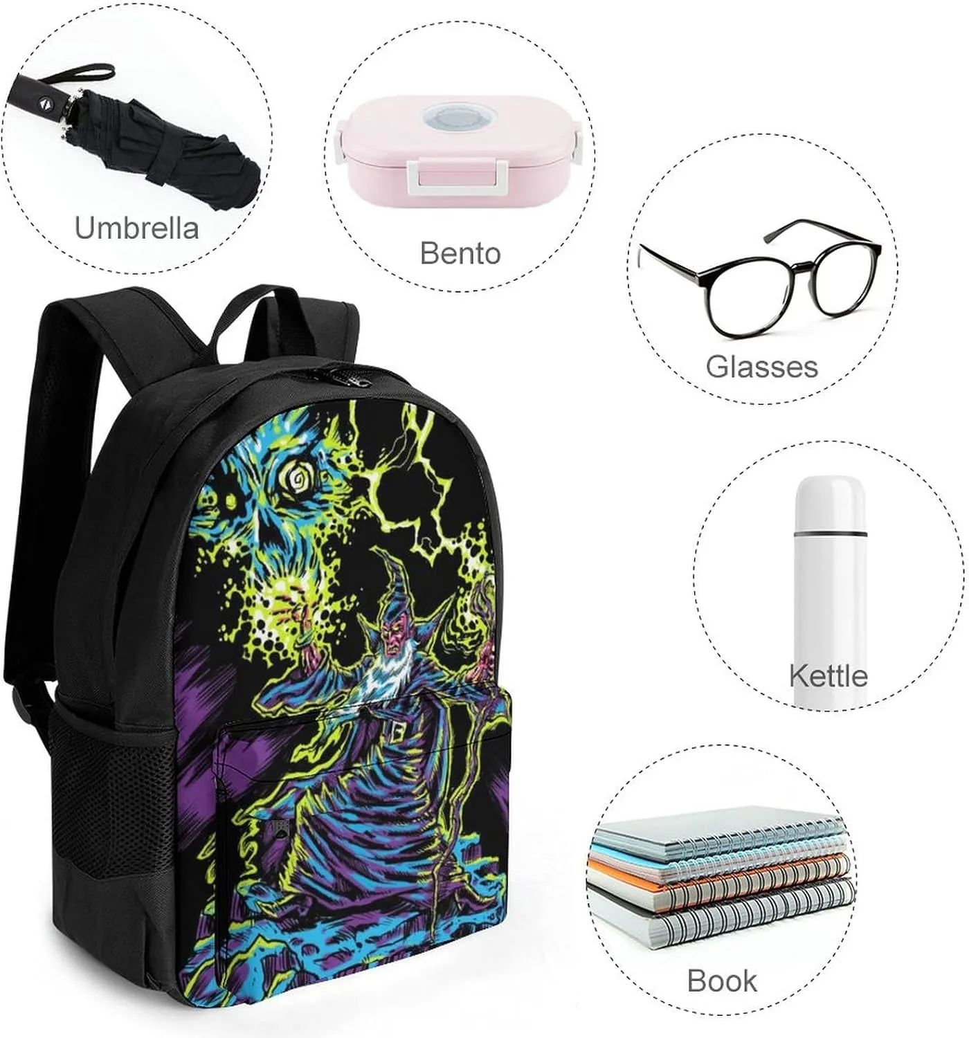 Blacklight by Evil Witch Large Capacity Fully Printed Backpack with Pockets Unisex