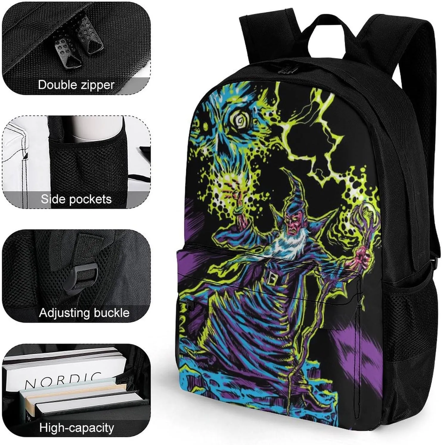 Blacklight by Evil Witch Large Capacity Fully Printed Backpack with Pockets Unisex