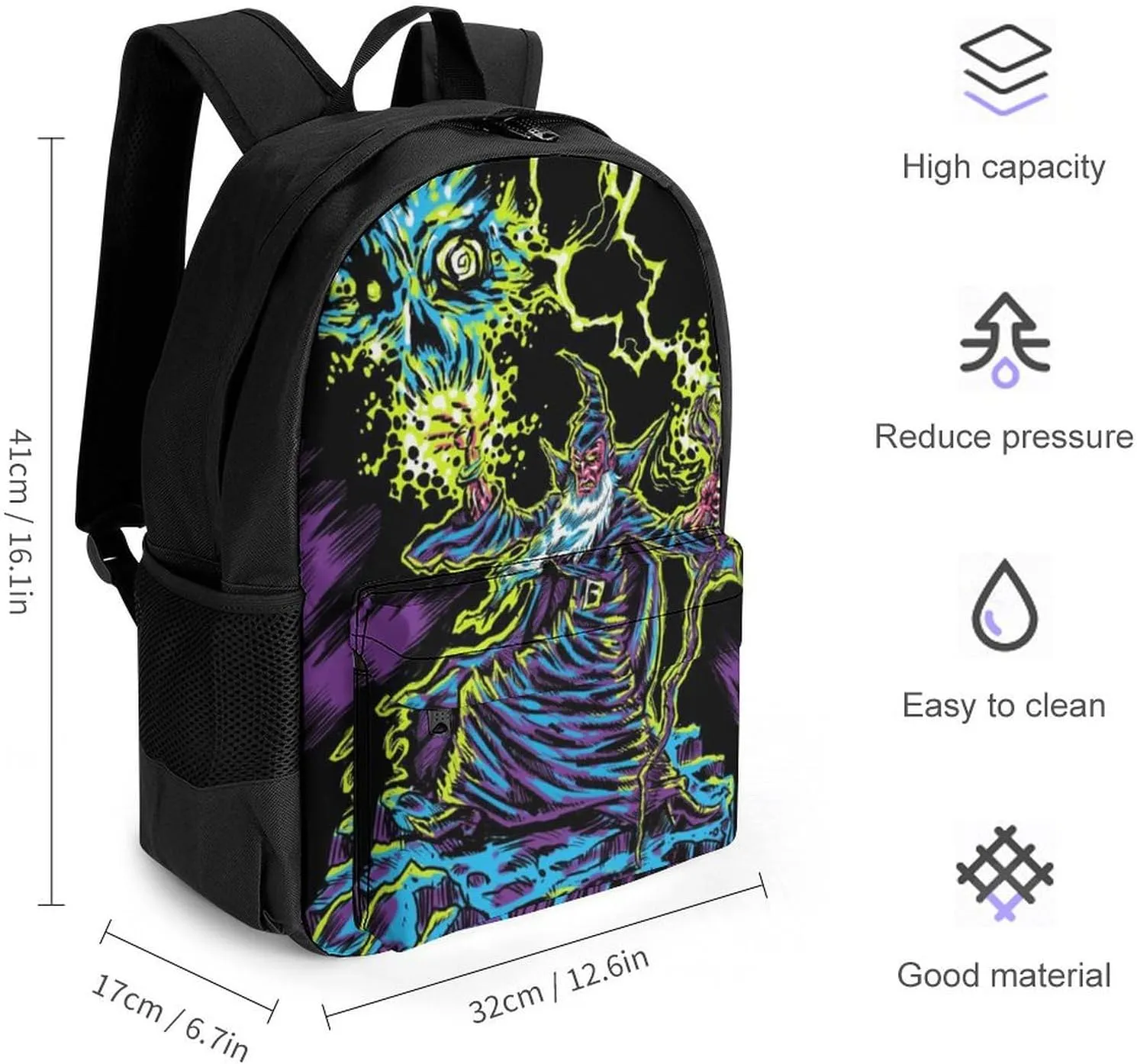 Blacklight by Evil Witch Large Capacity Fully Printed Backpack with Pockets Unisex