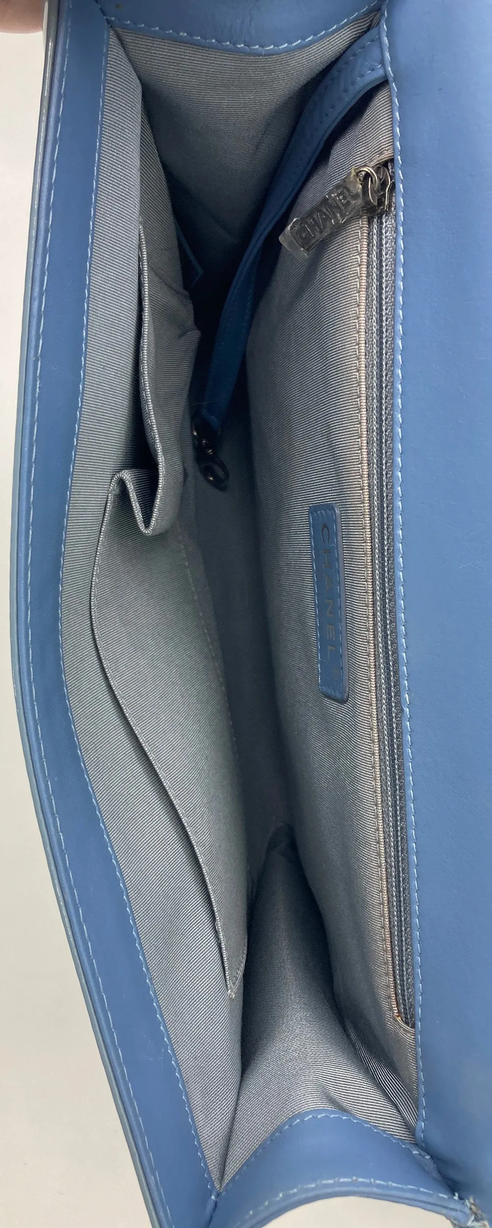 Chanel Light Blue Patent Large Boy Bag