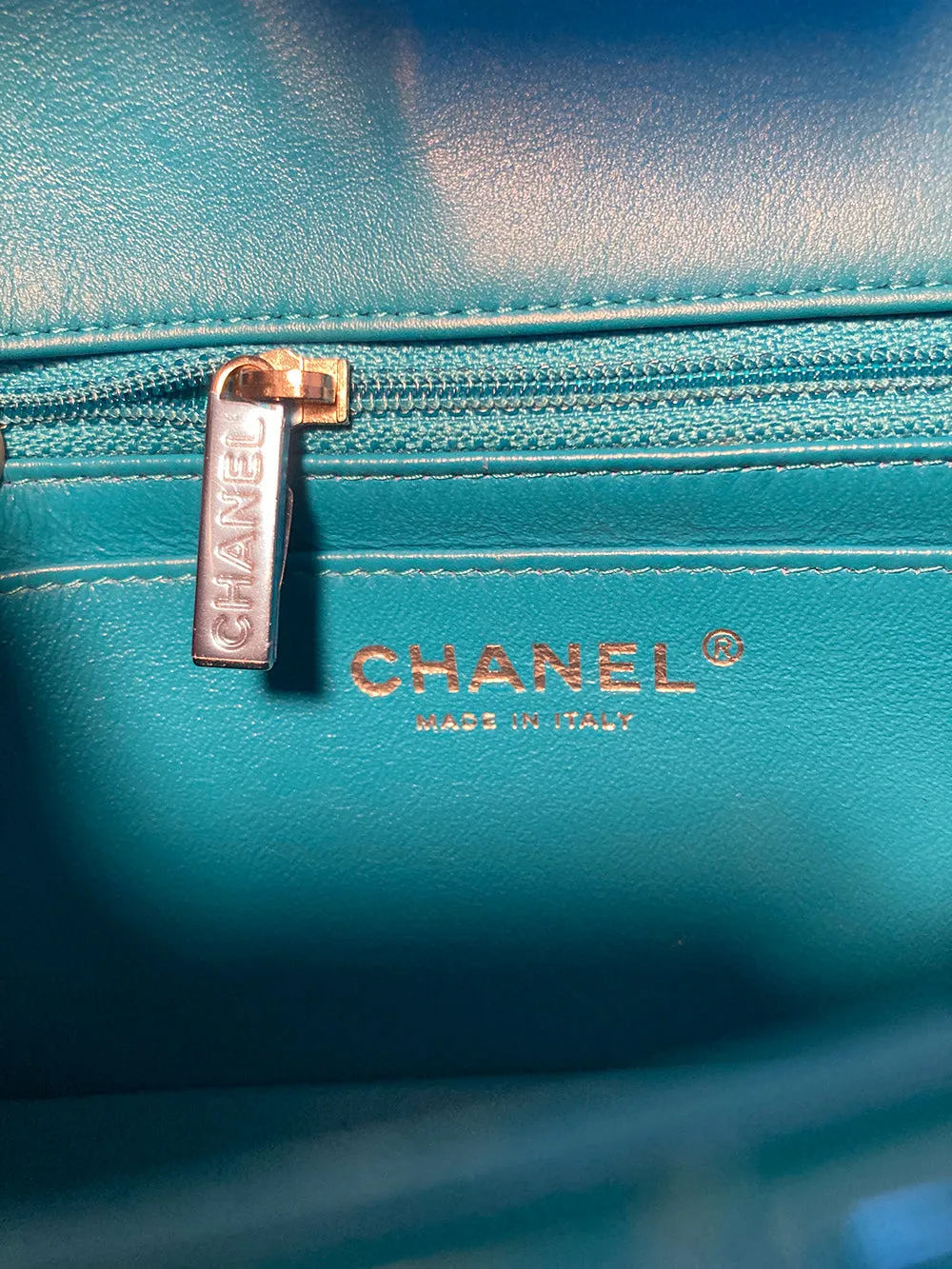 Chanel Teal Chevron Quilted Patent Leather Mini Classic Flap