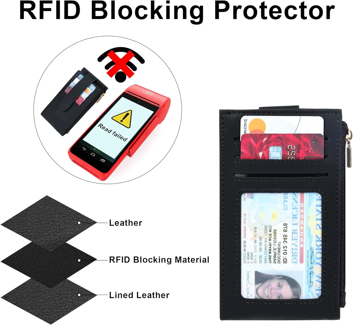 Chelmon Womens Wallet Slim RFID Blocking Bifold Multi Card Case Wallet with Zipper Pocket (Black Smooth)