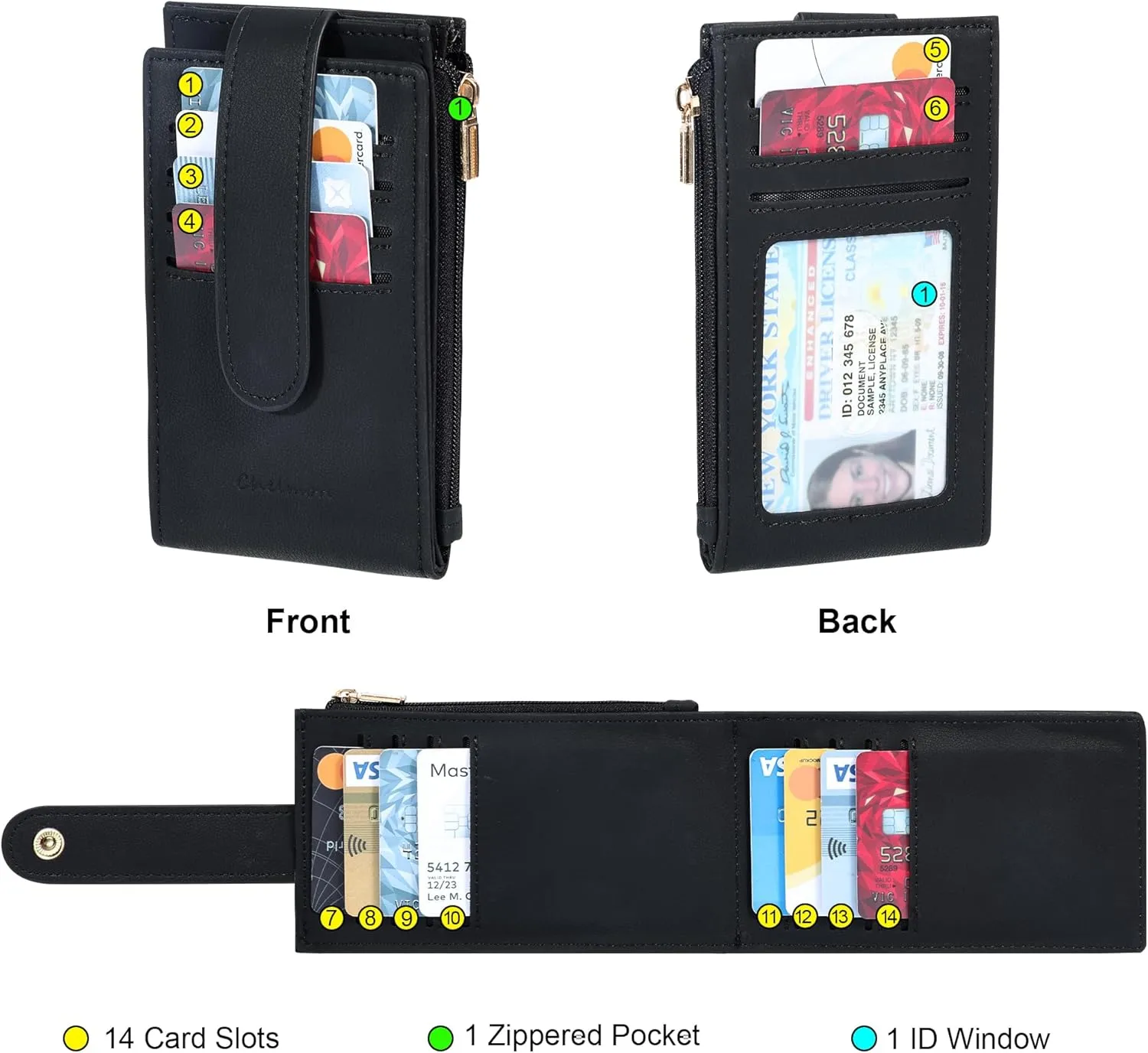 Chelmon Womens Wallet Slim RFID Blocking Bifold Multi Card Case Wallet with Zipper Pocket (Black Smooth)