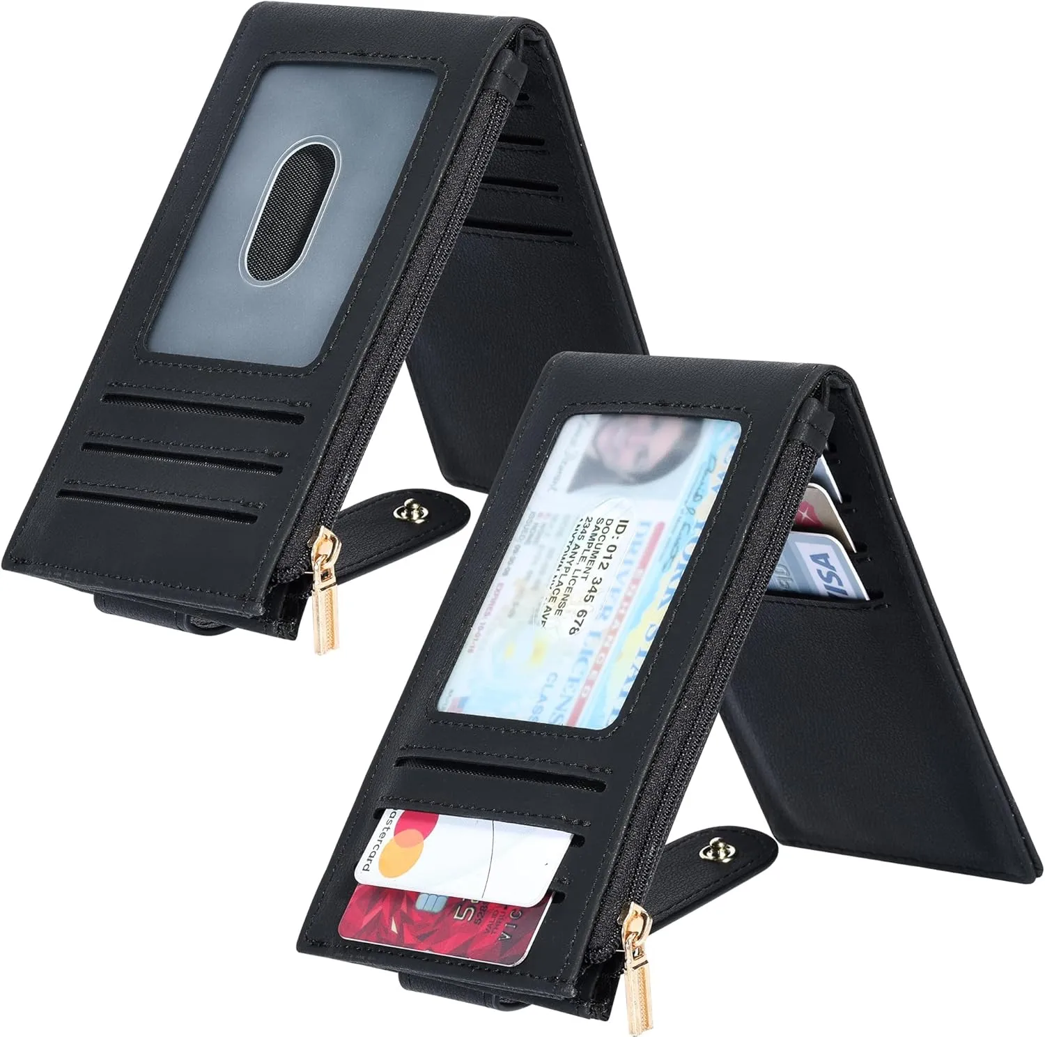 Chelmon Womens Wallet Slim RFID Blocking Bifold Multi Card Case Wallet with Zipper Pocket (Black Smooth)