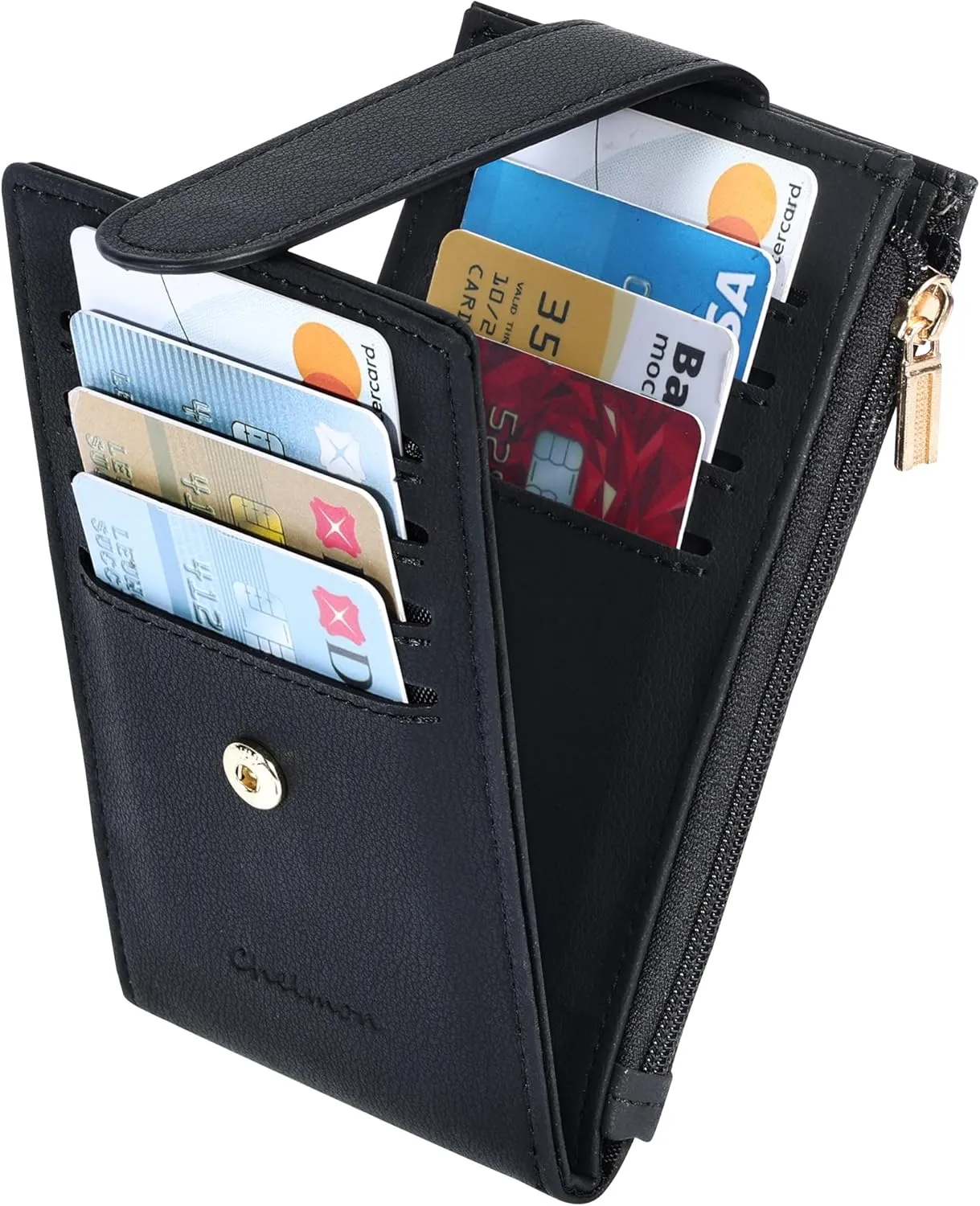 Chelmon Womens Wallet Slim RFID Blocking Bifold Multi Card Case Wallet with Zipper Pocket (Black Smooth)