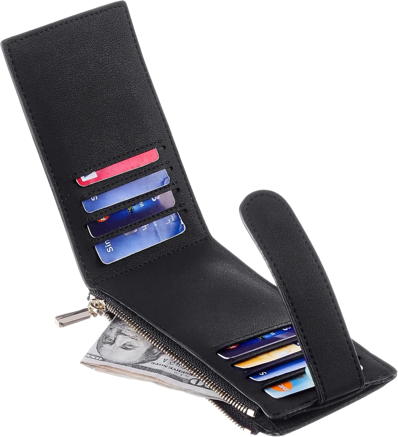 Chelmon Womens Wallet Slim RFID Blocking Bifold Multi Card Case Wallet with Zipper Pocket (Black Smooth)