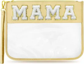 Chenille Letter Clear Travel Zipper Pouch Nylon Makeup Bag, Preppy Makeup Bag Clear Cosmetic Toiletry Bag, Water-proof Makeup Travel Pouch Snack Bags for Women (Beige-MAMA)