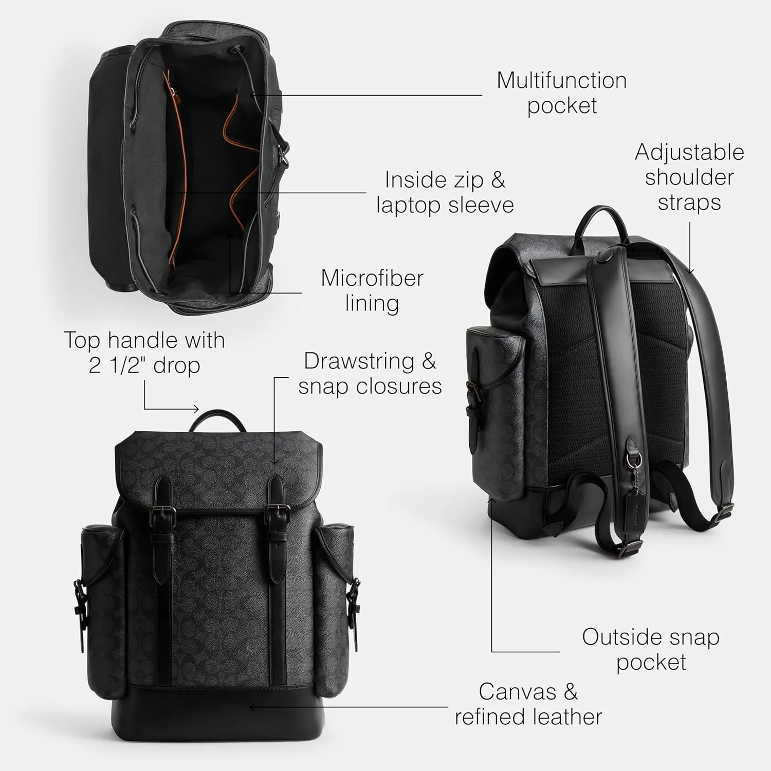 COACH Men's Hitch Backpack with Signature, Charcoal, One Size