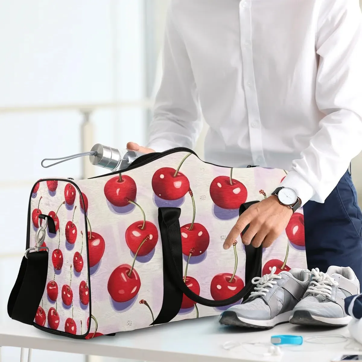 Cute Cherry Print Foldable Lightweight Duffle Bag for Travel - Waterproof Carry On Bags for Airplanes, Travel Duffel Bags for Gym, Weekend