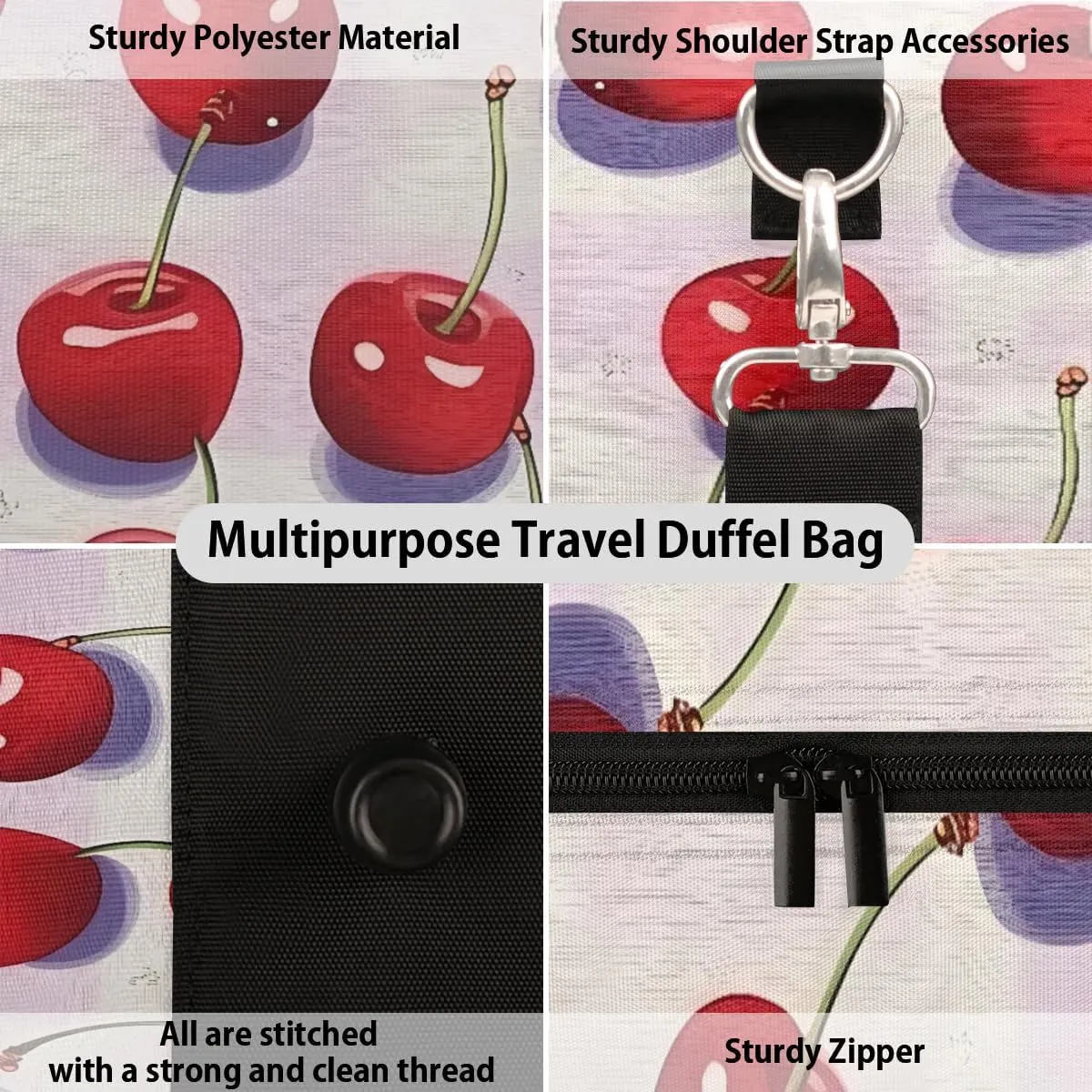 Cute Cherry Print Foldable Lightweight Duffle Bag for Travel - Waterproof Carry On Bags for Airplanes, Travel Duffel Bags for Gym, Weekend