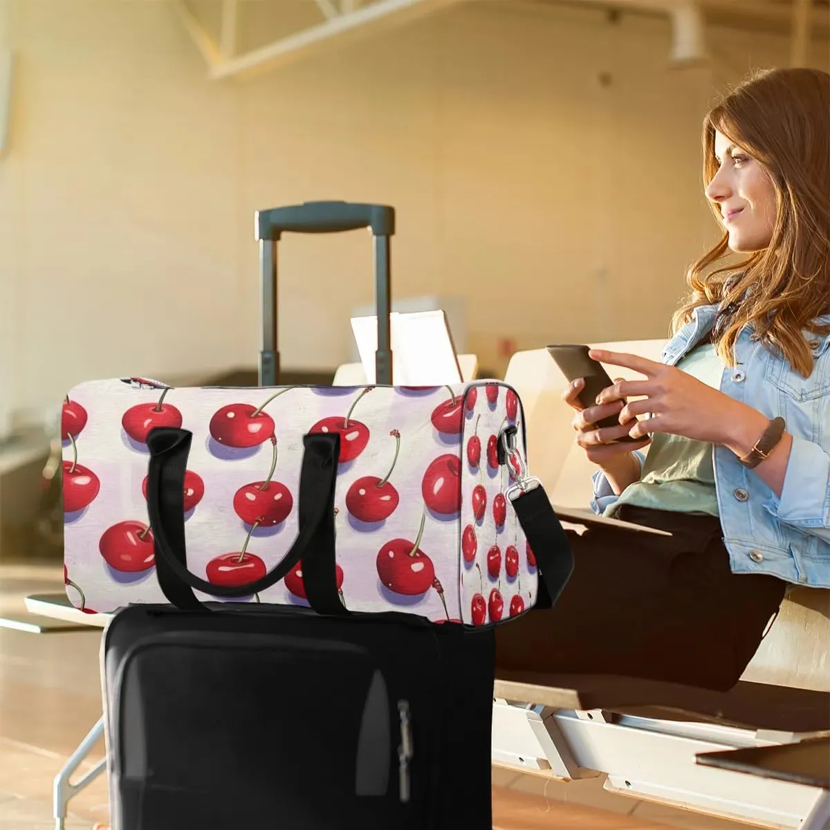 Cute Cherry Print Foldable Lightweight Duffle Bag for Travel - Waterproof Carry On Bags for Airplanes, Travel Duffel Bags for Gym, Weekend