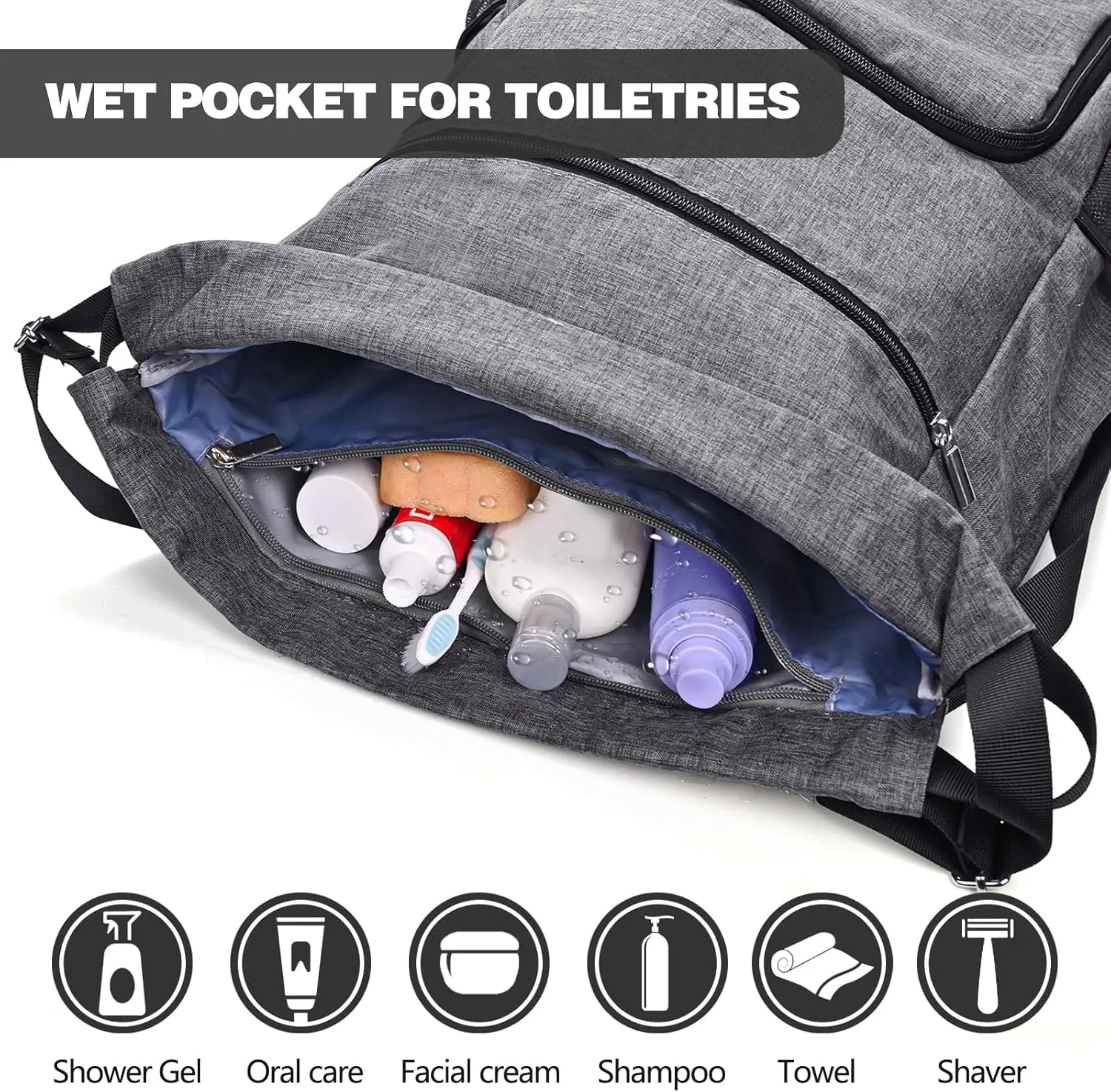 Drawstring Backpack with Wet Pocket & Shoe Compartment, Water-Resistant Sports Gym Beach Swim String Bag for Women Men(Grey)