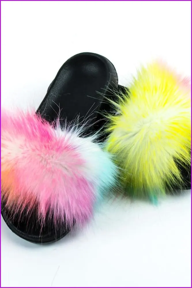 Faux Fake Big Fur Slides & Candy Bag Set B