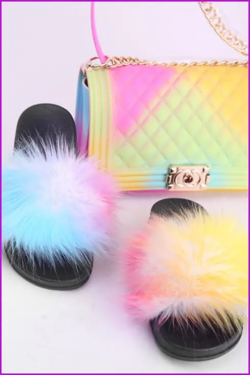 Faux Fake Big Fur Slides & Candy Bag Set B