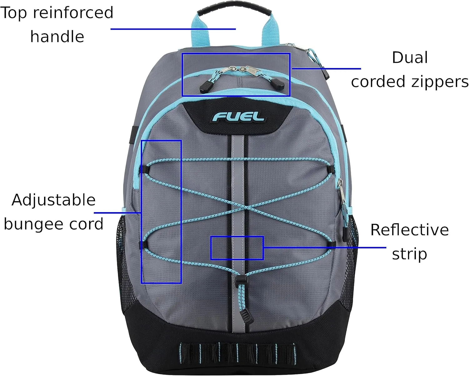 FUEL Hiking Backpack for Women Men Terra Sport, Travel, College, Gym, Work with Laptop Sleeve, Bungee, 18 Inches, Grey Mint Blue