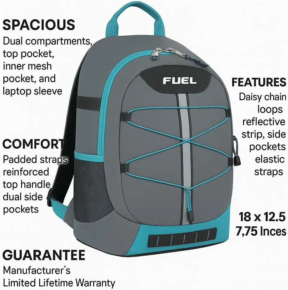FUEL Hiking Backpack for Women Men Terra Sport, Travel, College, Gym, Work with Laptop Sleeve, Bungee, 18 Inches, Grey Mint Blue