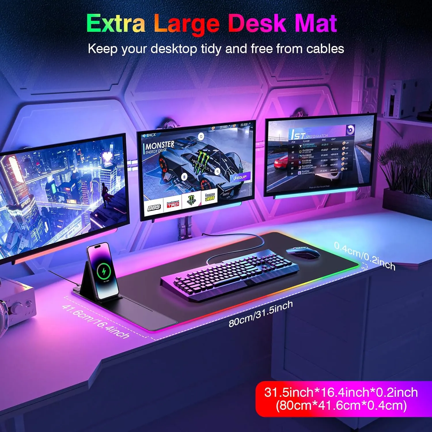 Gaming Mouse Pad, Wireless Charging Mouse Pad Gaming, 31.5"x16.3" Large RGB Desk Mat for Laptop/Computer/Keyboard, 13 Light Modes, Waterproof Smooth Surface, Non-Slip Base, Black
