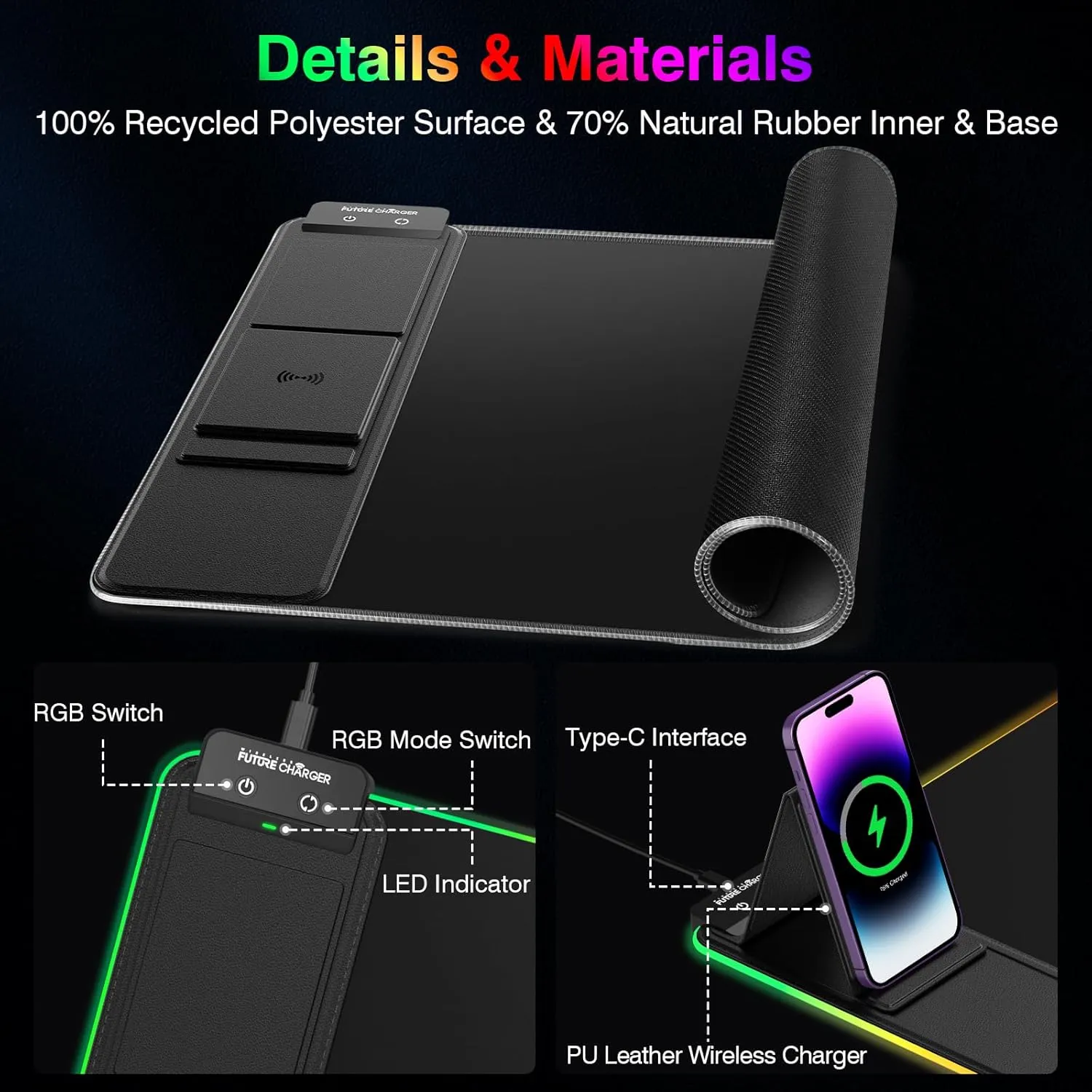 Gaming Mouse Pad, Wireless Charging Mouse Pad Gaming, 31.5"x16.3" Large RGB Desk Mat for Laptop/Computer/Keyboard, 13 Light Modes, Waterproof Smooth Surface, Non-Slip Base, Black