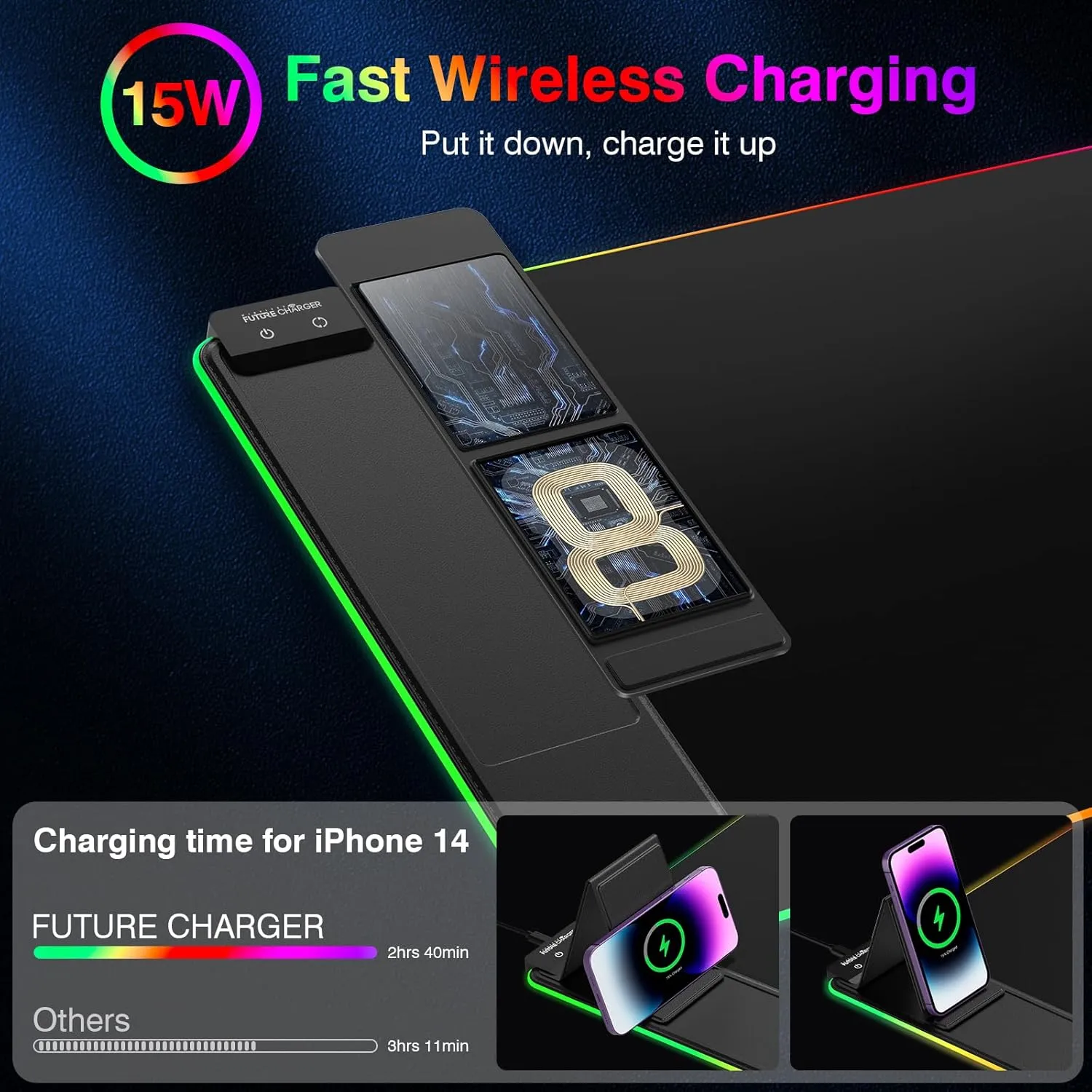 Gaming Mouse Pad, Wireless Charging Mouse Pad Gaming, 31.5"x16.3" Large RGB Desk Mat for Laptop/Computer/Keyboard, 13 Light Modes, Waterproof Smooth Surface, Non-Slip Base, Black