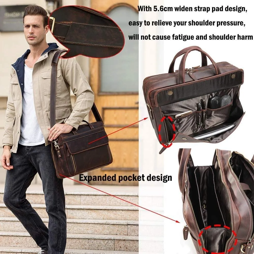 Genuine Leather Briefcase for Men 17.3 Inch Laptop Computer Case Business Travel Work Messenger Cross Body Shoulder Bag…