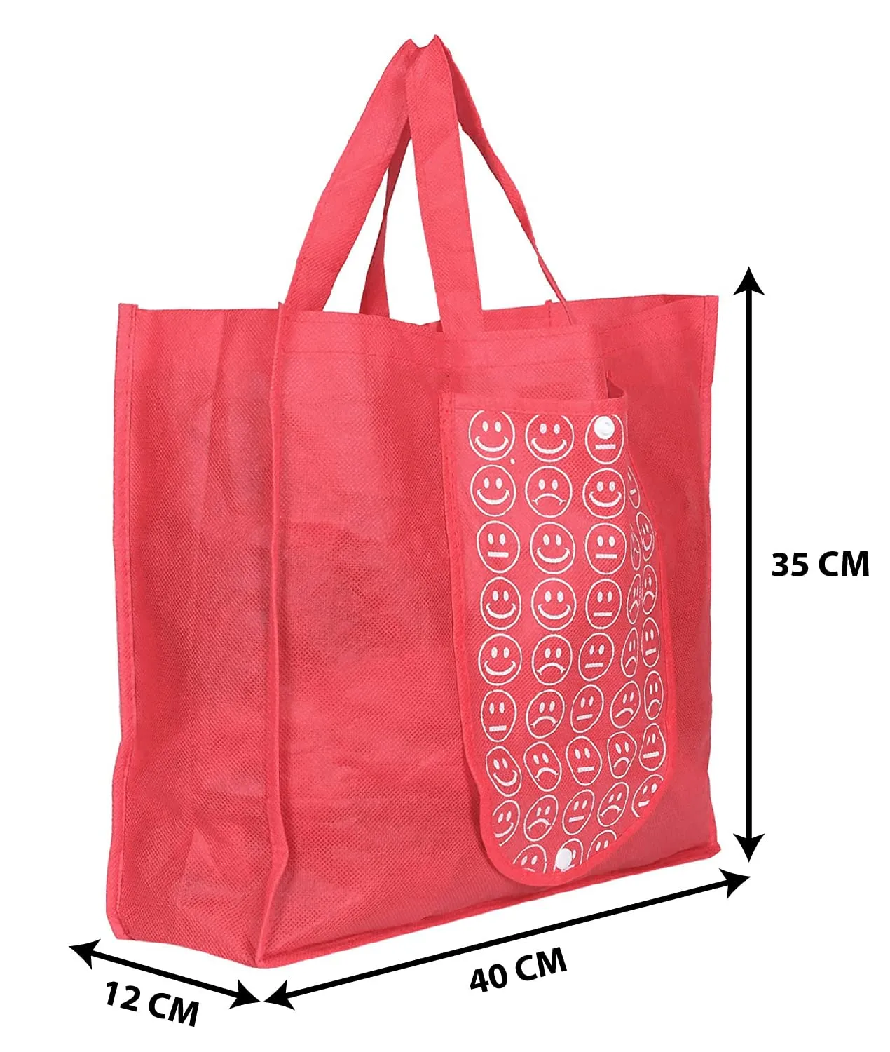 Heart Home Smiley Printed Eco Friendly Foldable Reusable Non-Woven Shopping Grocery Bag with One Small Pocket- Pack of 3 (Green & Deep Yellow & Pink) -45LUGHH0218