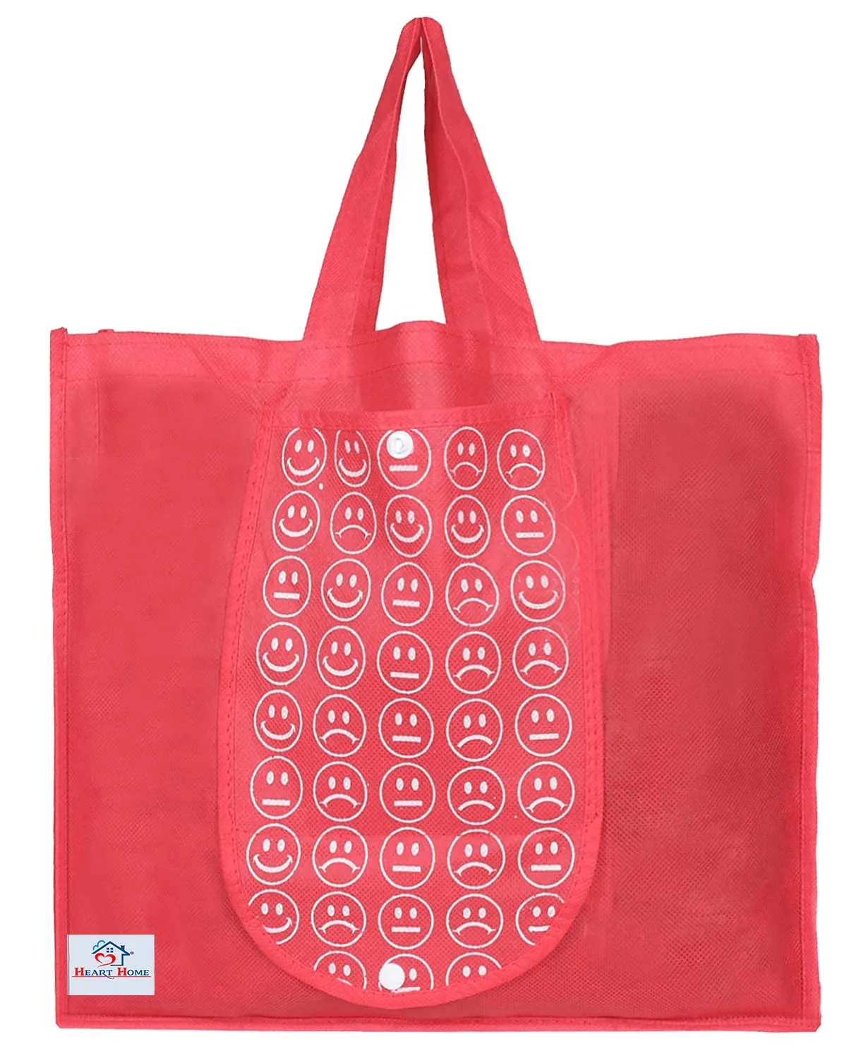 Heart Home Smiley Printed Eco Friendly Foldable Reusable Non-Woven Shopping Grocery Bag with One Small Pocket- Pack of 3 (Green & Deep Yellow & Pink) -45LUGHH0218