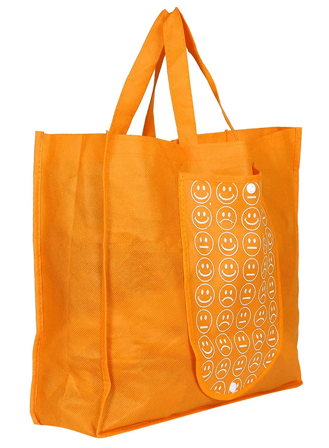 Heart Home Smiley Printed Eco Friendly Foldable Reusable Non-Woven Shopping Grocery Bag with One Small Pocket- Pack of 3 (Green & Deep Yellow & Pink) -45LUGHH0218