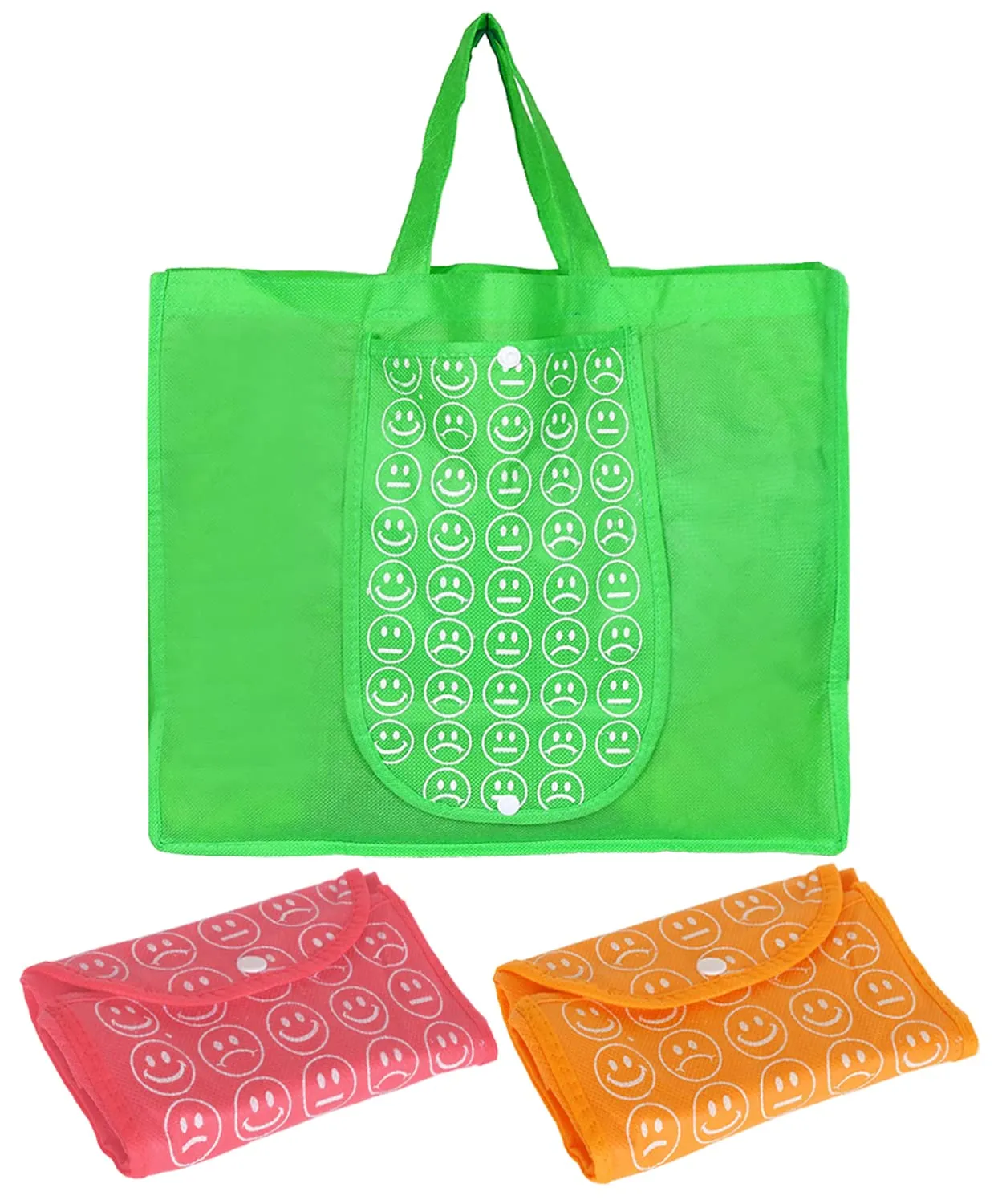 Heart Home Smiley Printed Eco Friendly Foldable Reusable Non-Woven Shopping Grocery Bag with One Small Pocket- Pack of 3 (Green & Deep Yellow & Pink) -45LUGHH0218