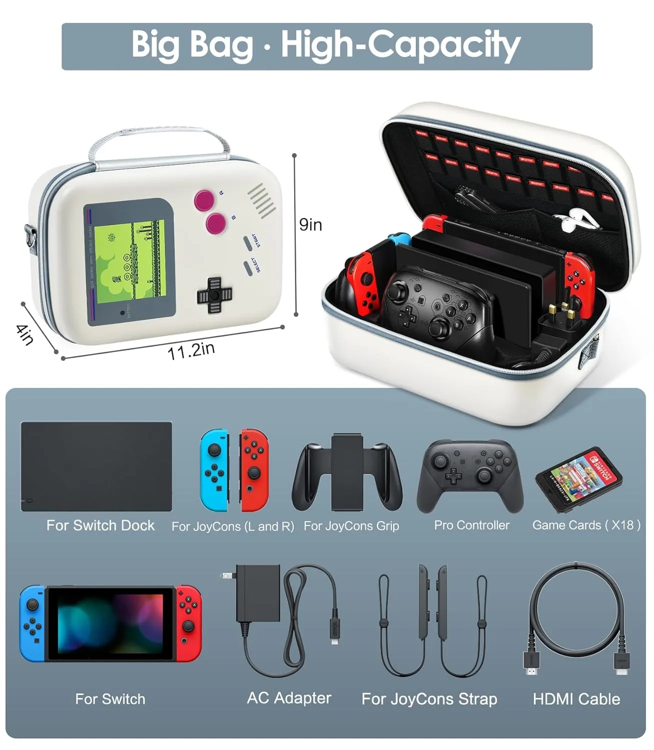 ivoler Carrying Storage Case for Nintendo Switch/For Switch OLED(Limited Edition),Portable Travel All Protective Hard Messenger Bag Soft Lining 18Games for Switch Console Pro Controller-RetroShell DMG