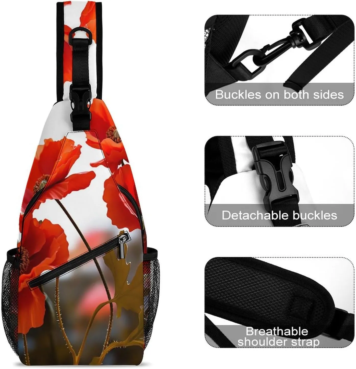 Lightweight Chest Bag Crossbody Bag Poppy Flowers Vivid Petals Sling Backpack for Women Men Sports Travel