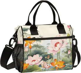 Lotus Pond Flowers Lunch Bag Reusable Insulated Lunch Box Cooler Tote Removable Shoulder Strap Meal Picnic Bags for Outdoor Travel Office Work Medium